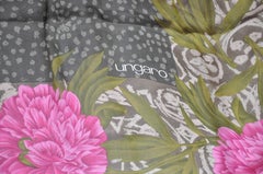 Emanuel Ungaro Huge Olive & Brown "Bursting Fuchsia Floral" Silk Scarf