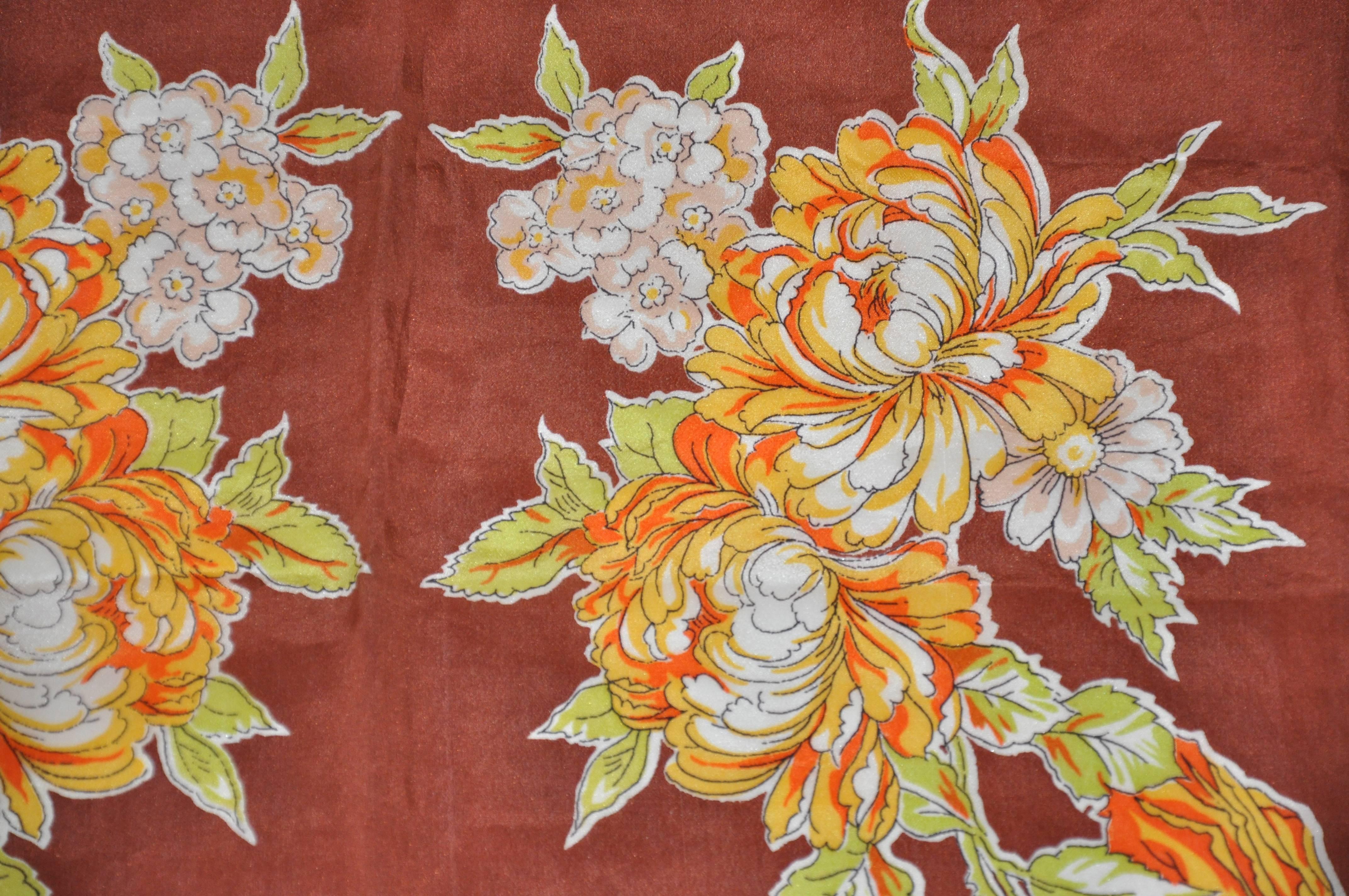Bursting Shades of Tangerine & Yellow Floral Silk Scarf In Good Condition For Sale In New York, NY