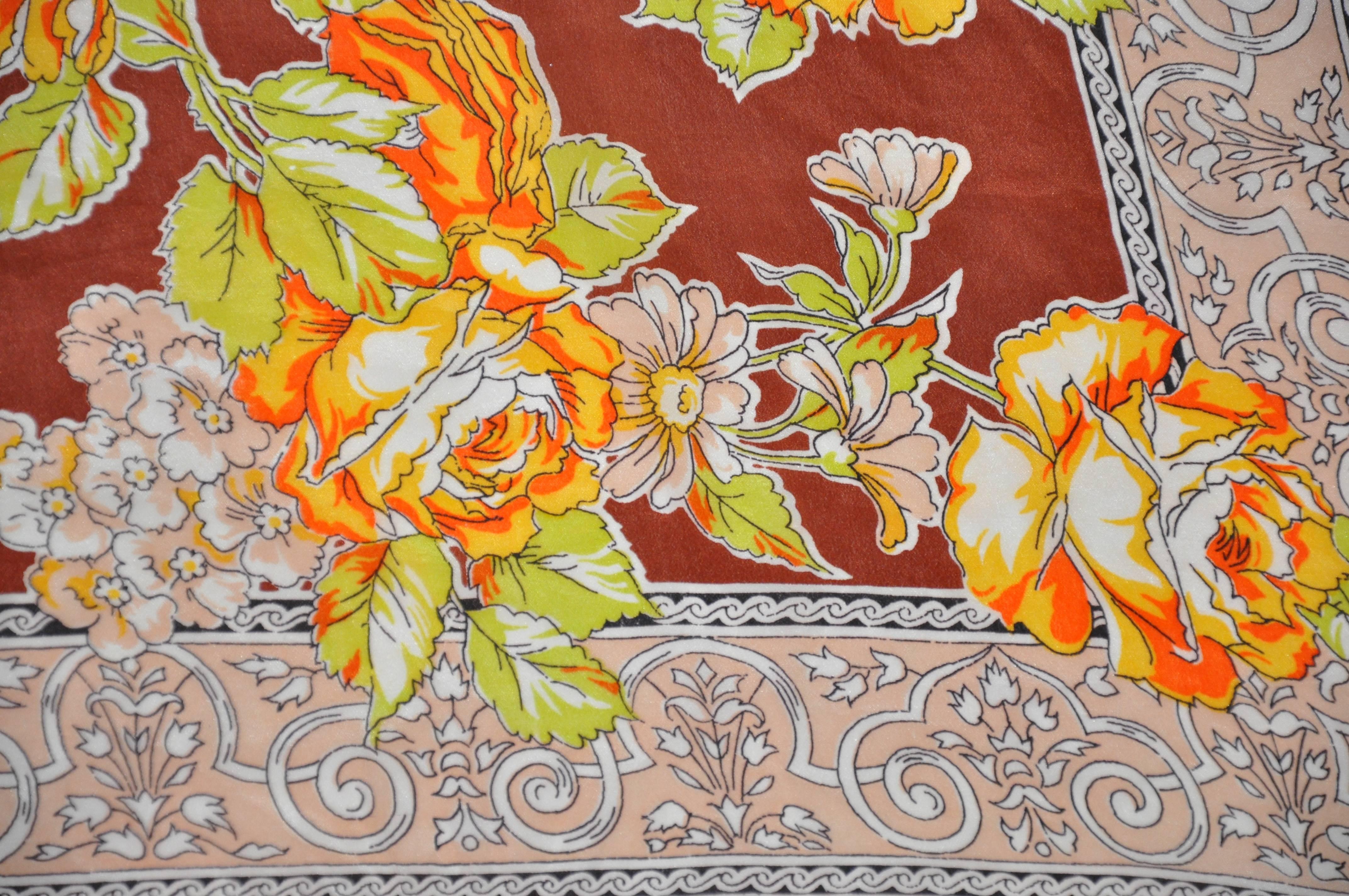 Women's or Men's Bursting Shades of Tangerine & Yellow Floral Silk Scarf For Sale