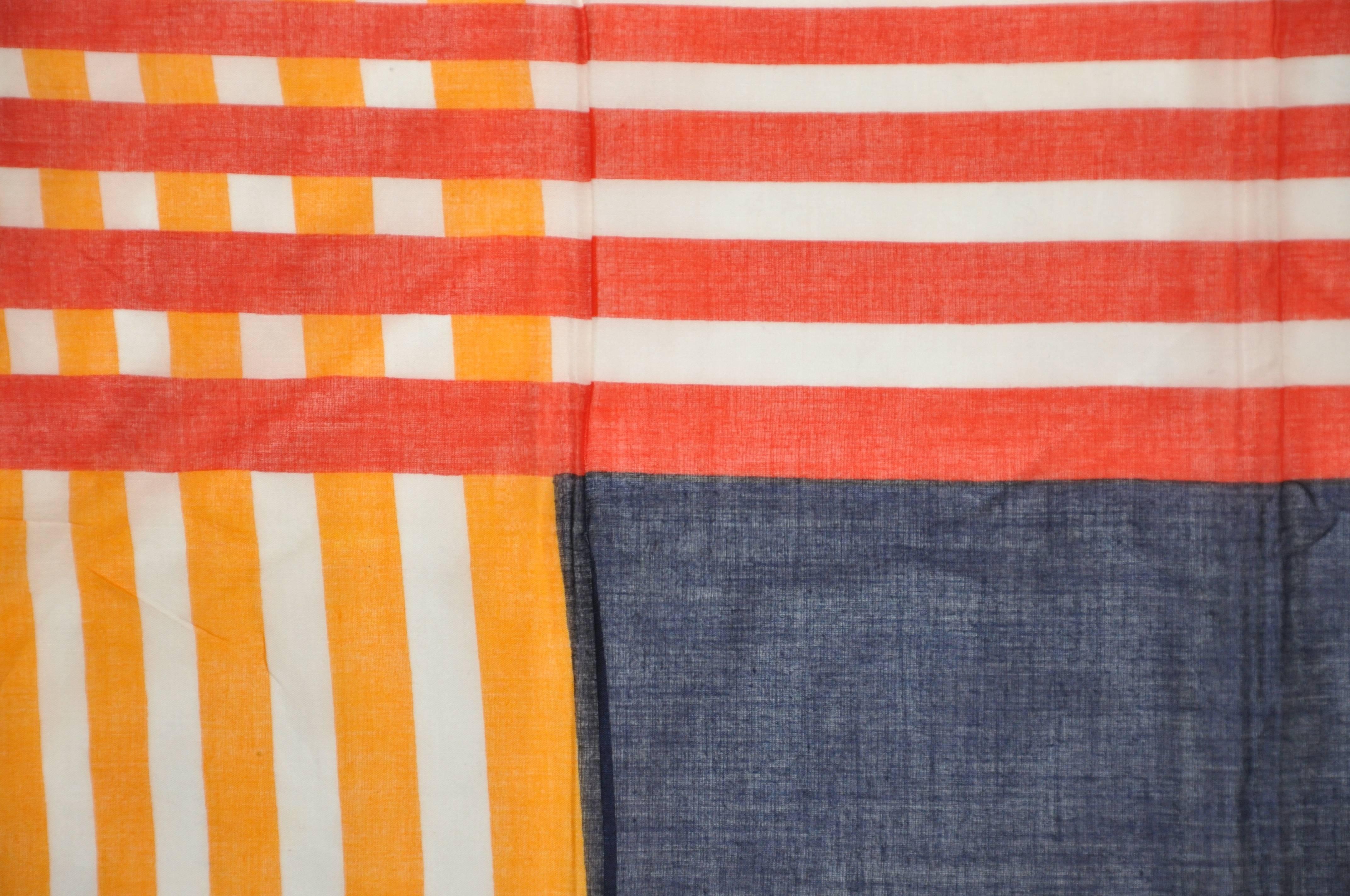 Orange Bold Multi Colors of Squares and Stripes Italian Cotton Scarf For Sale