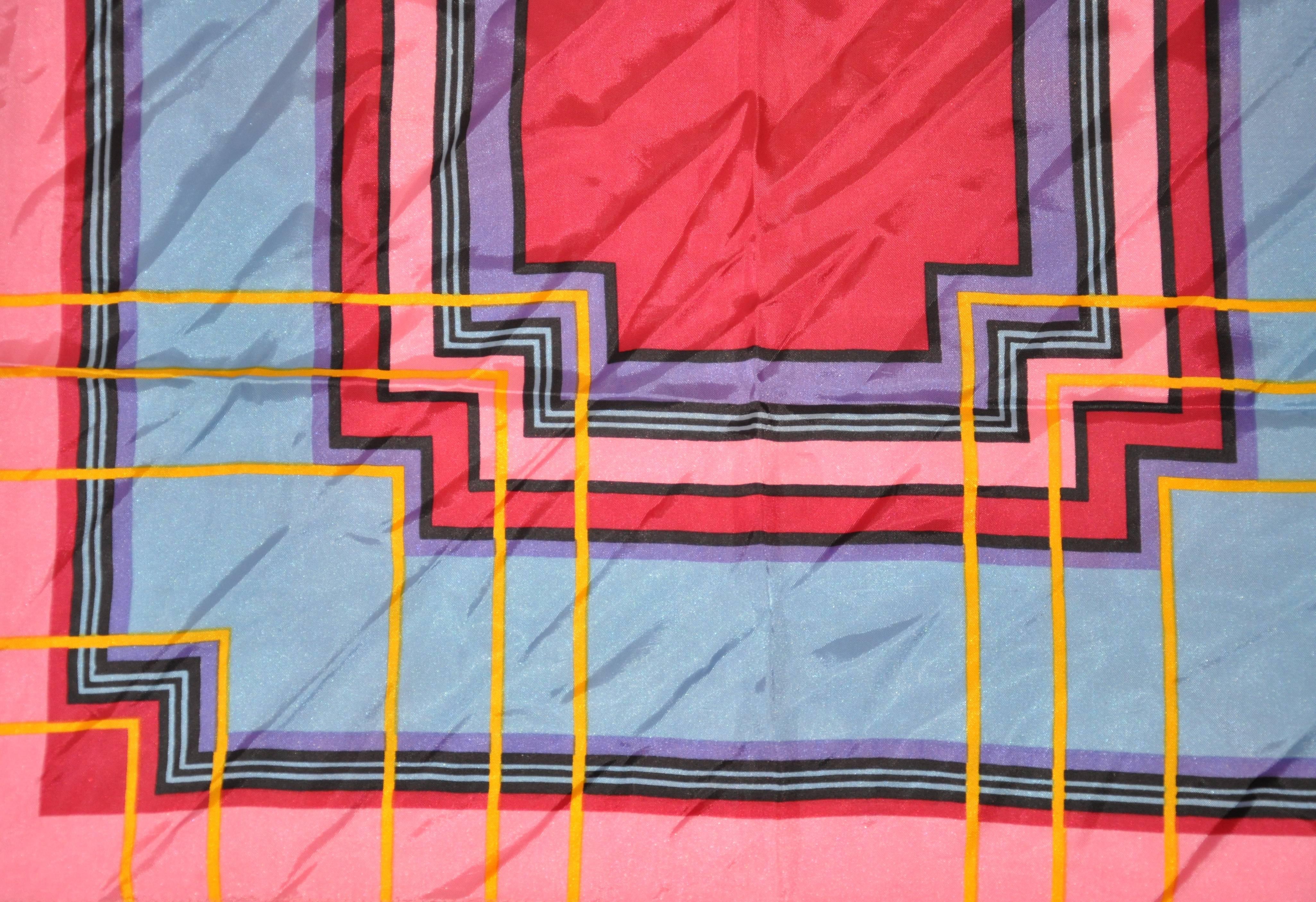 Bold Multi-Color Abstract with Wide Pink Border Scarf In Good Condition For Sale In New York, NY