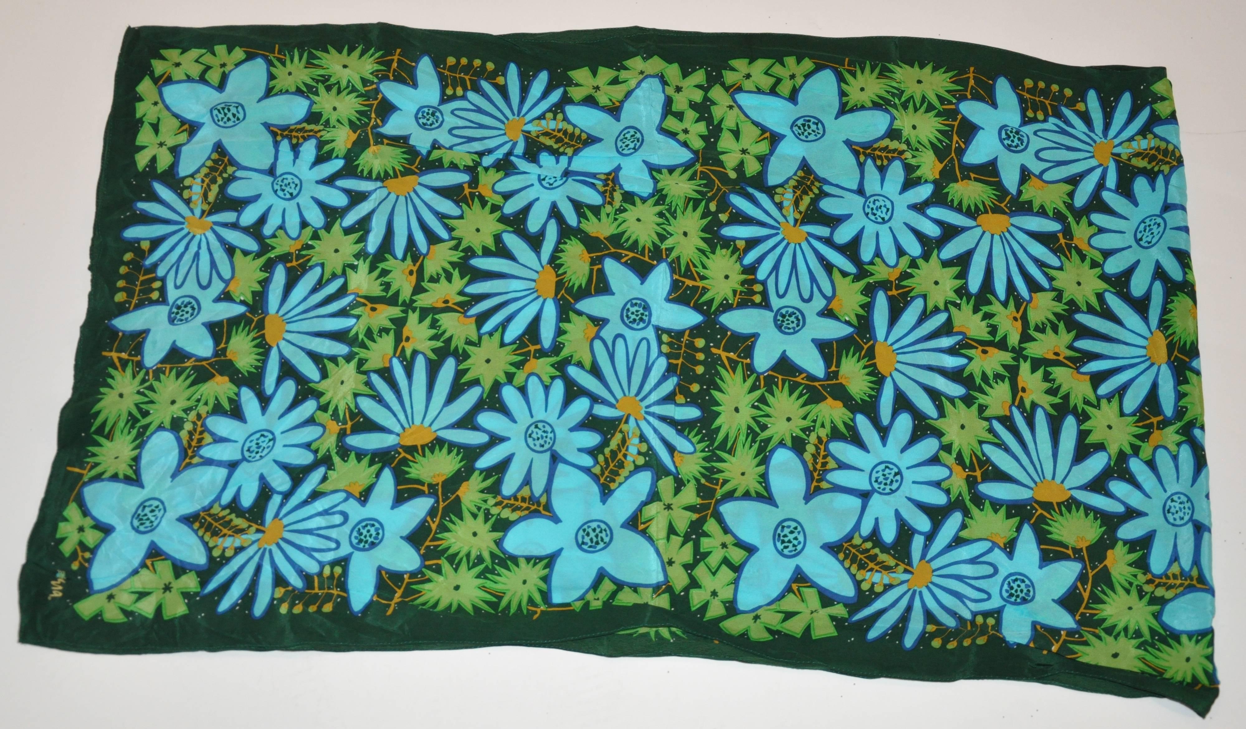Vera Forest Green with Multi Turquoise & Green Floral Silk Scarf In Good Condition For Sale In New York, NY