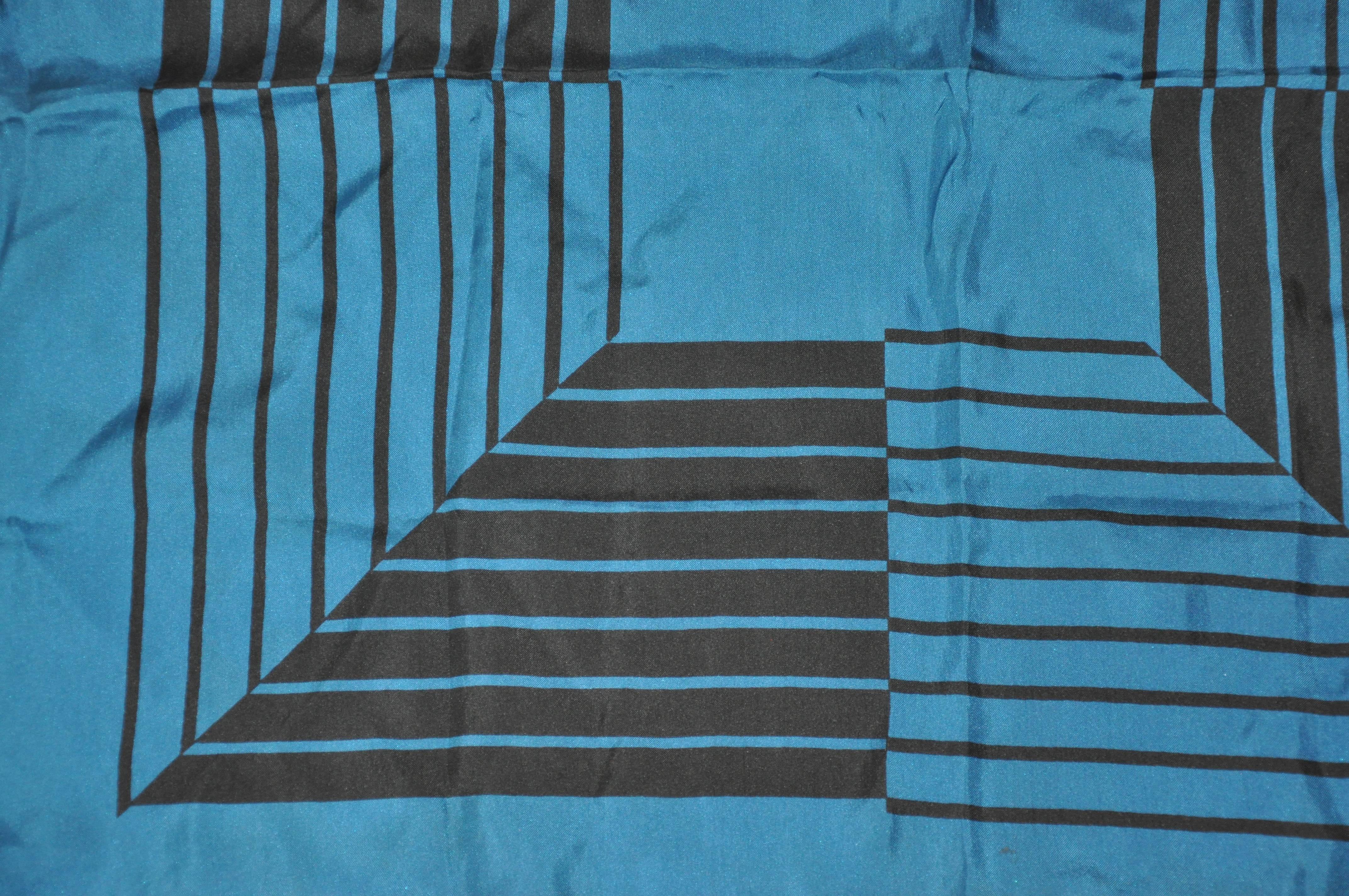 Deep Turquoise & Black Abstract Silk Scarf In Good Condition For Sale In New York, NY