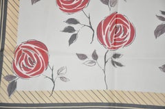 Beige & White with Black Border Silk Chiffon "Red Floral" Scarf
