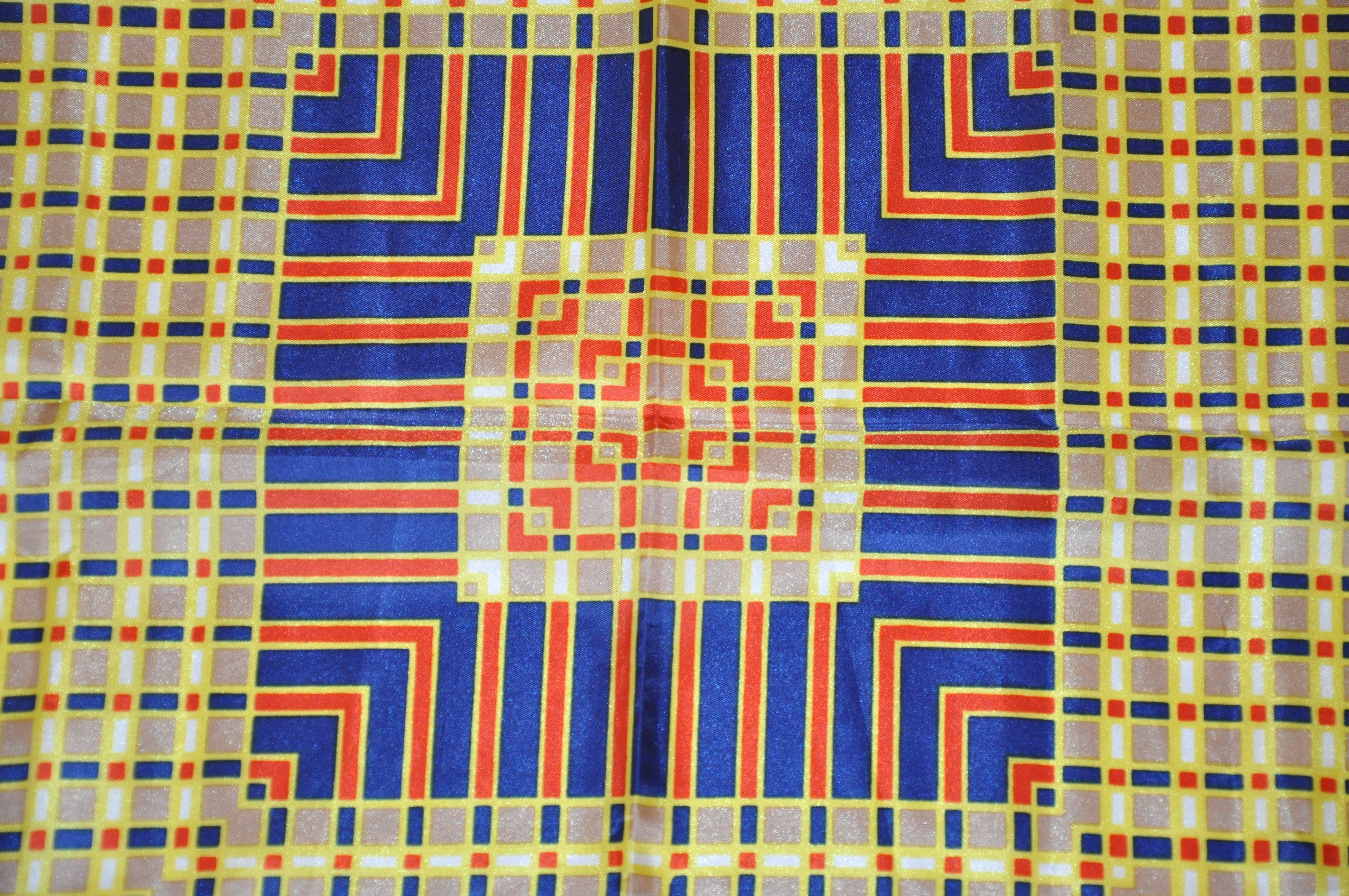        Maravillosa combinación de rojos, amarillos y azul marino para este pañuelo multiestampado. Esta maravillosa bufanda mide 28 pulgadas por 28 pulgadas en Japón.