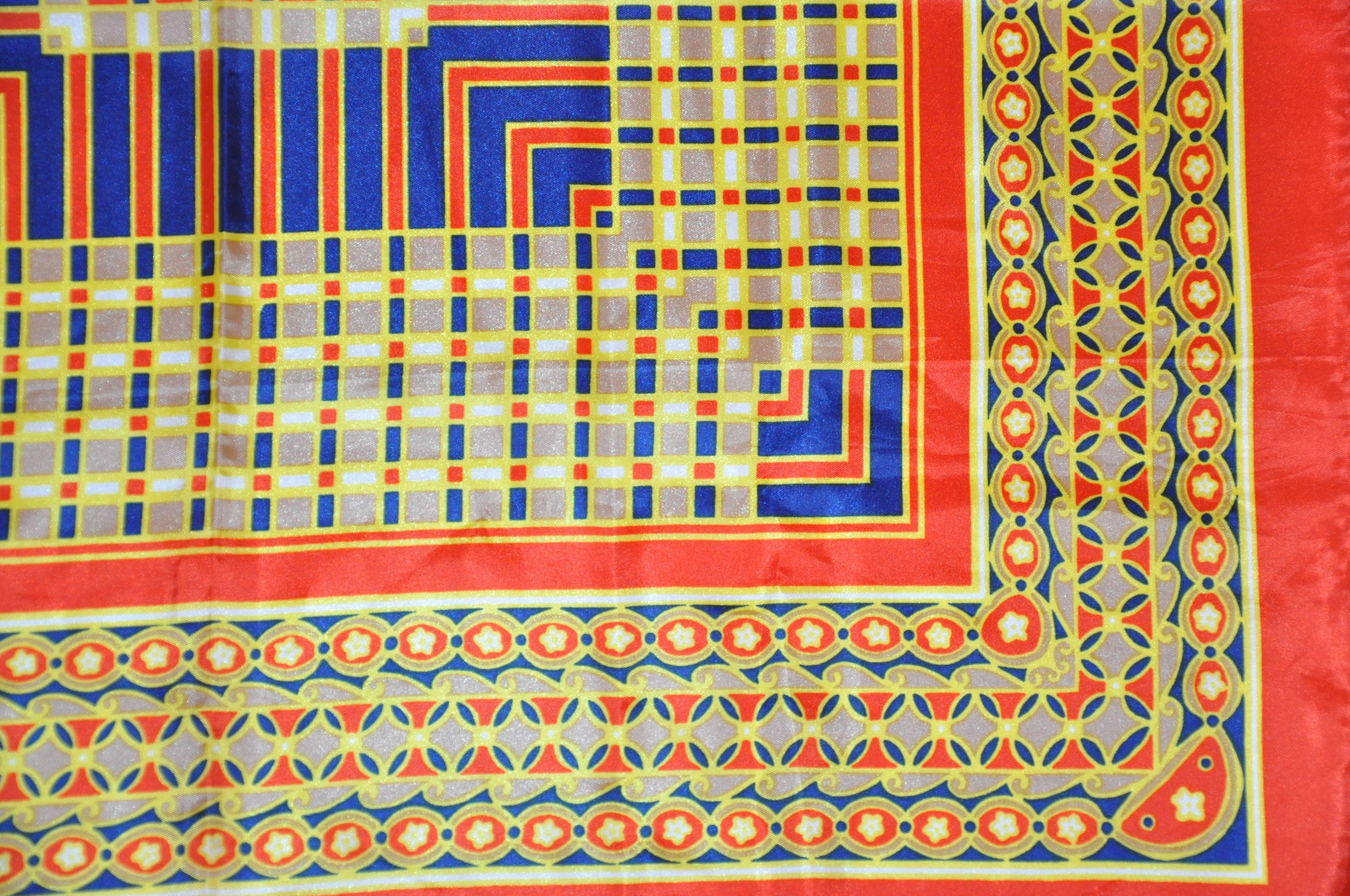 Vivid Multi Patterns of Reds, Yellow & Navy Scarf In Good Condition For Sale In New York, NY