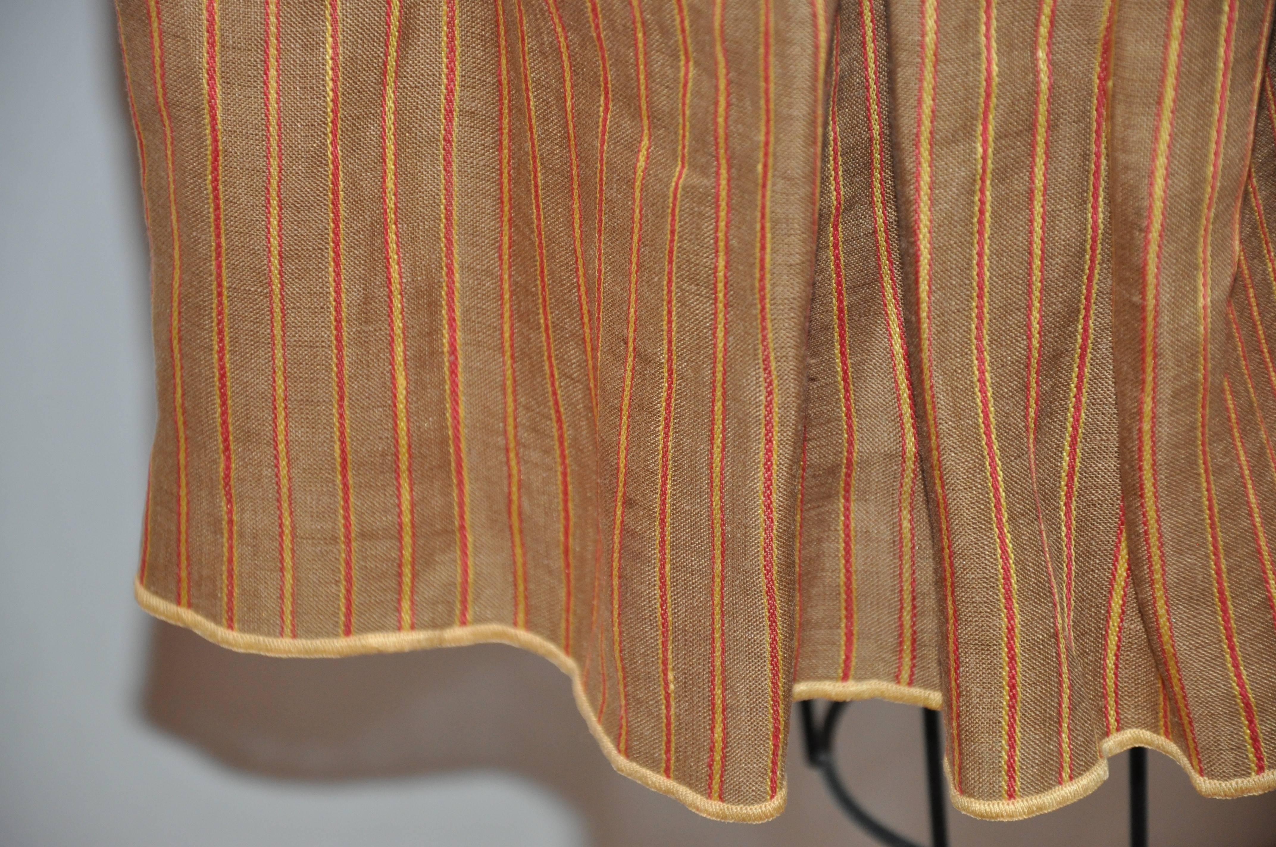 Brown Oscar de la Renta Silk Linen Deep Tan Hand-Pleated Stripe Accent Pleated Skirt For Sale