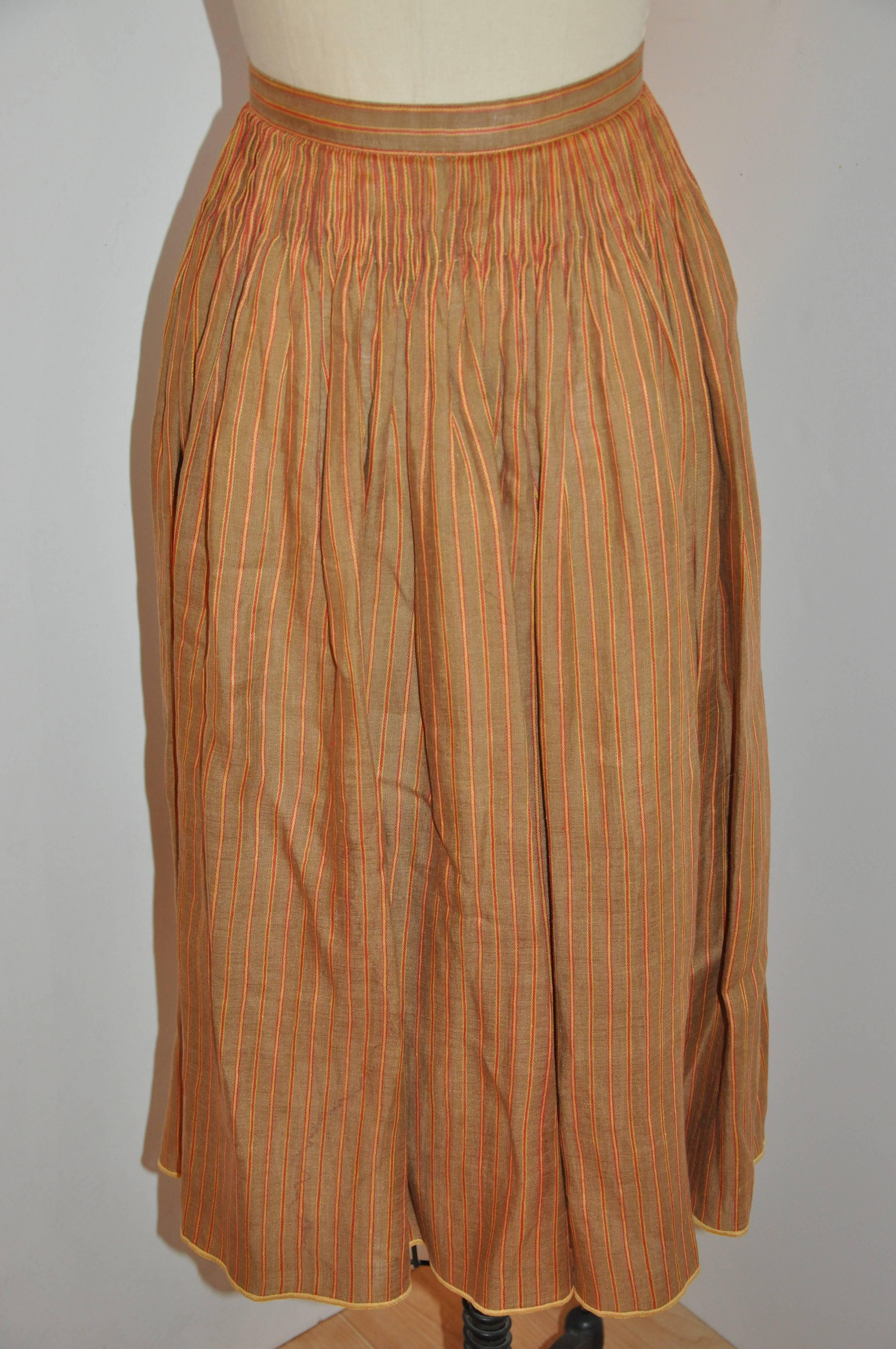 Women's or Men's Oscar de la Renta Silk Linen Deep Tan Hand-Pleated Stripe Accent Pleated Skirt For Sale