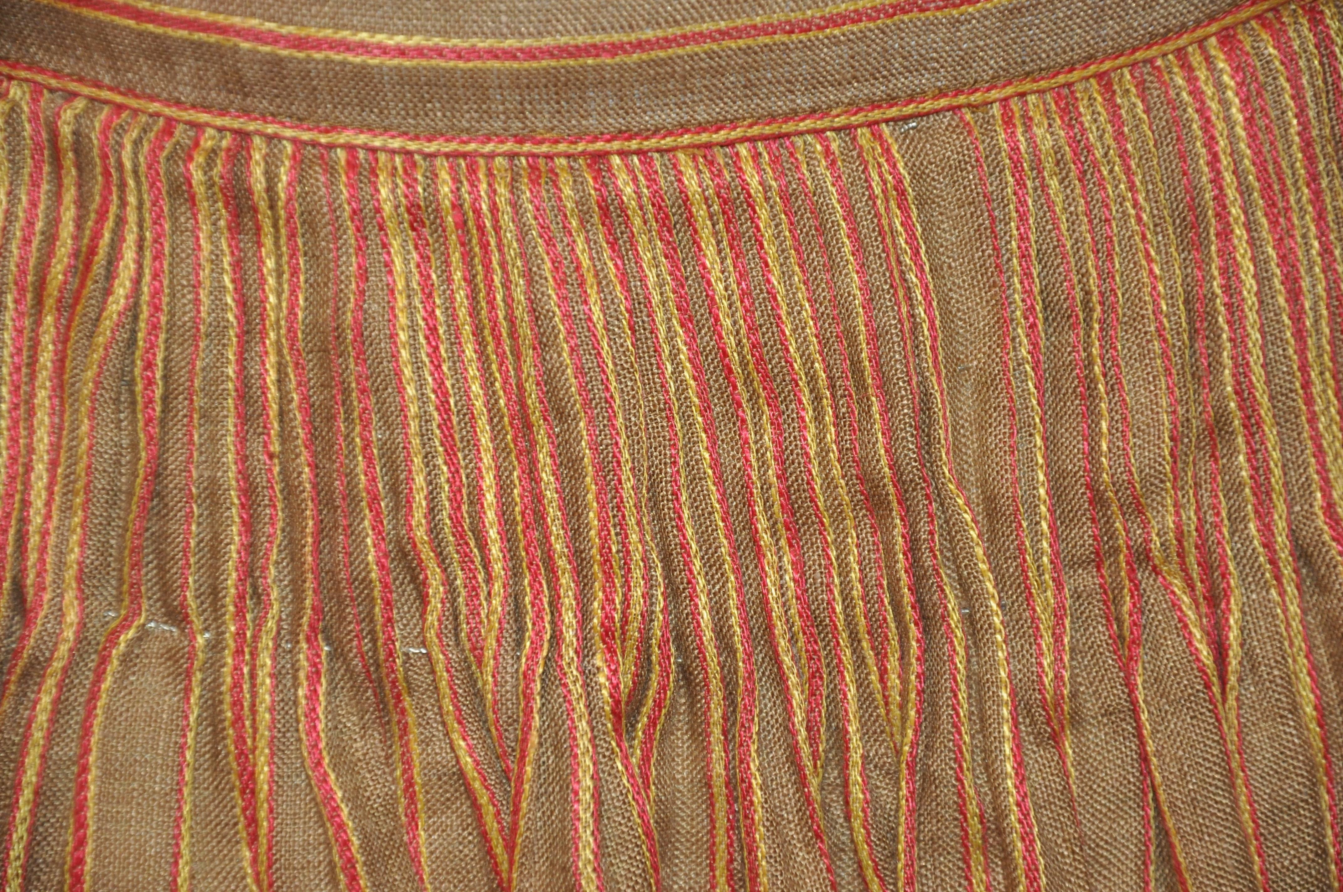 Oscar de la Renta Silk Linen Deep Tan Hand-Pleated Stripe Accent Pleated Skirt For Sale 1