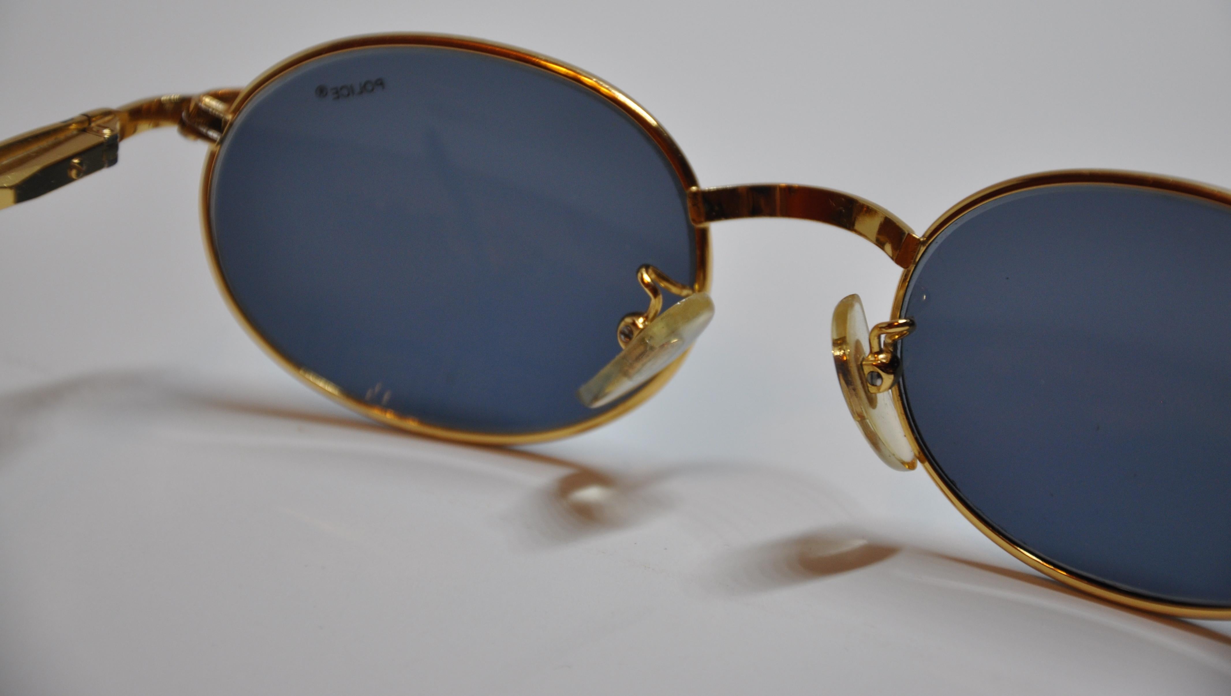 Police Black Lucite with Gilded Gold Hardware & Detailed Etching Sunglasses In Good Condition In New York, NY