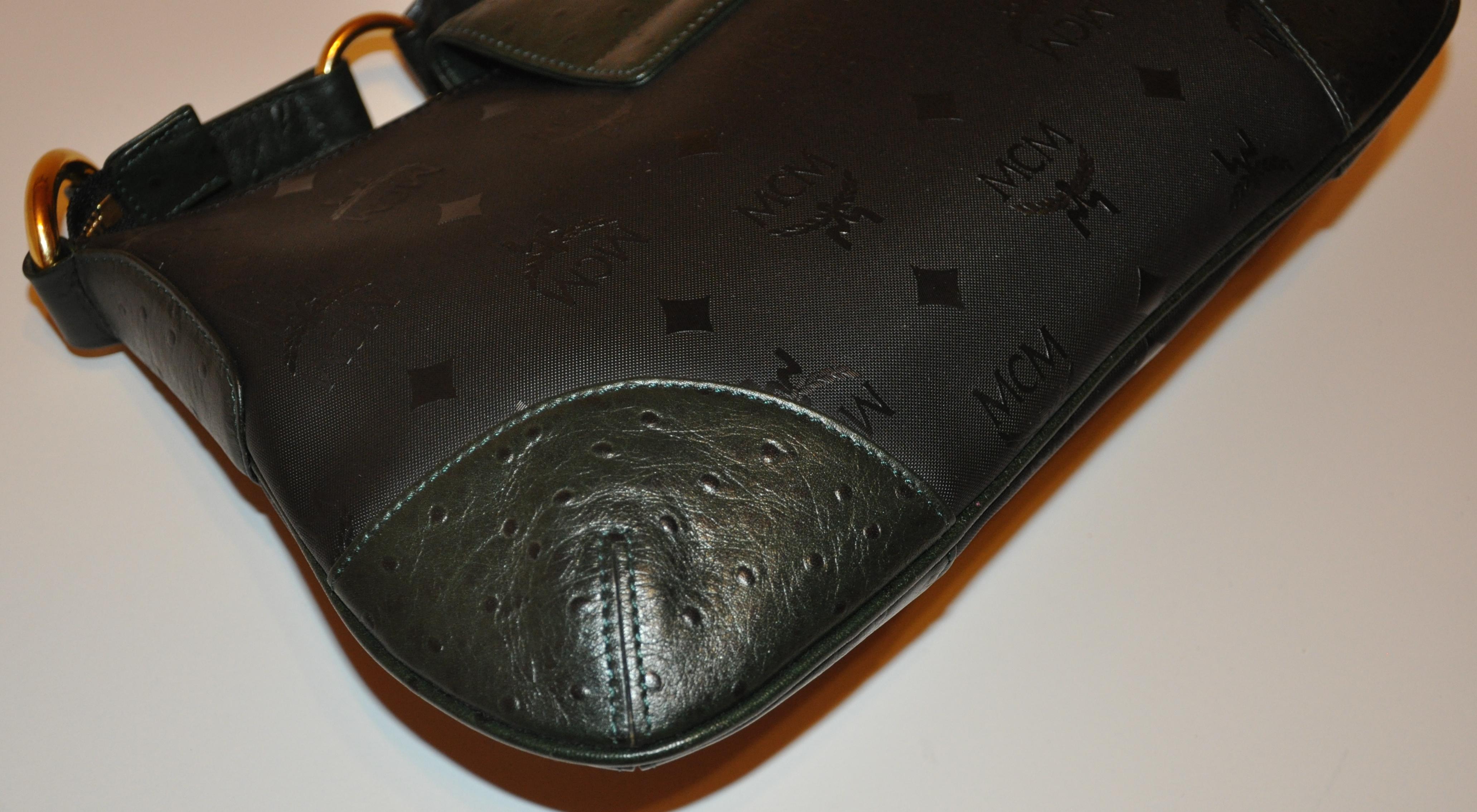 MCM Black Signature Monogram with Embossed Forest Green Ostrich Shoulder Bag In Good Condition For Sale In New York, NY