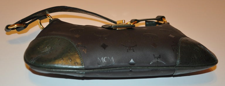 Mcm Black Signature Monogram with Embossed Forest Green Ostrich Shoulder Bag