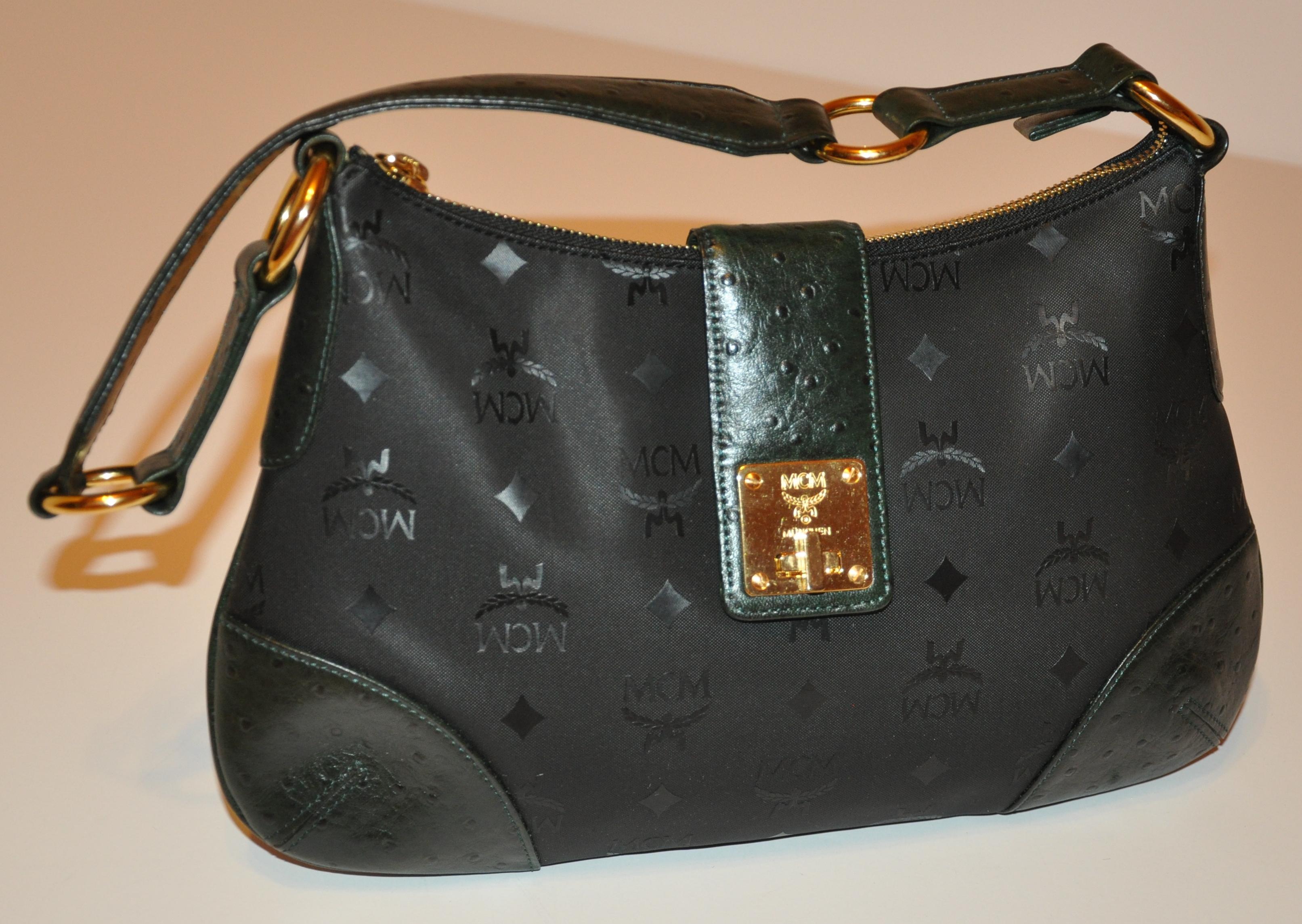 MCM Black Signature Monogram with Embossed Forest Green Ostrich Shoulder Bag For Sale 2