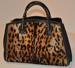 LaGucci Black Textured Calfskin with Leopard Print Pony & Studded Handle Tote