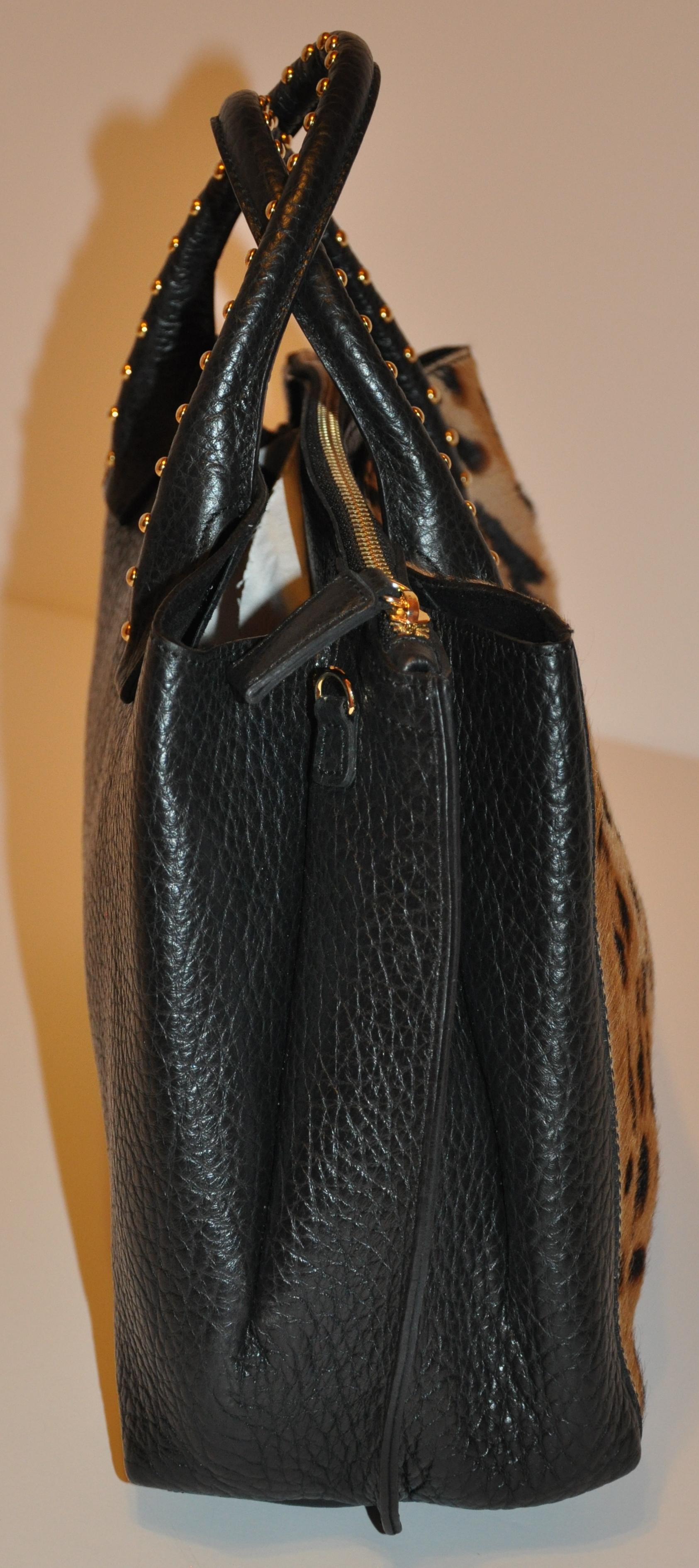 LaGucci Black Textured Calfskin with Leopard Print Pony & Studded Handle Tote In Good Condition For Sale In New York, NY
