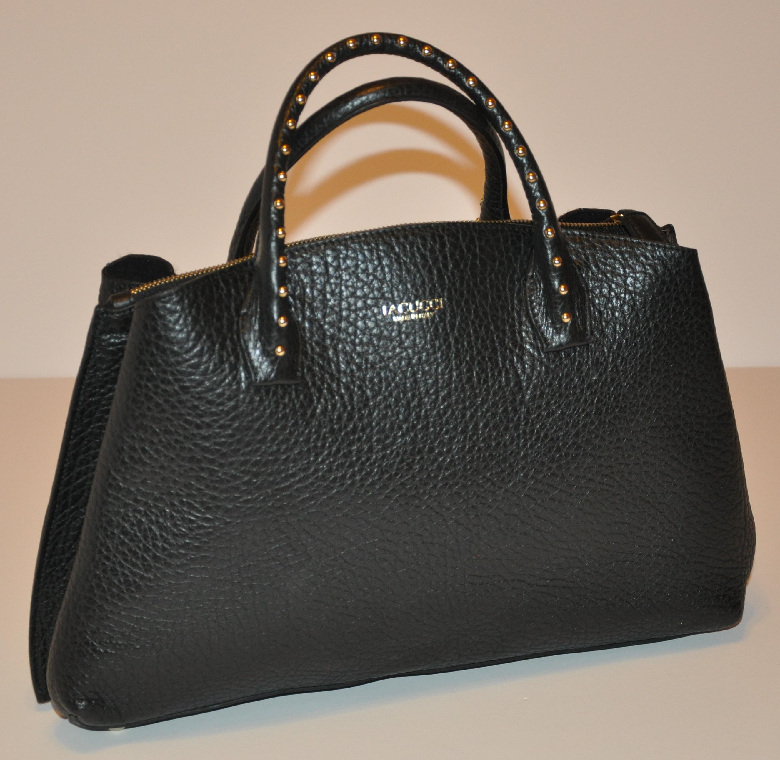 Women's or Men's LaGucci Black Textured Calfskin with Leopard Print Pony & Studded Handle Tote  For Sale