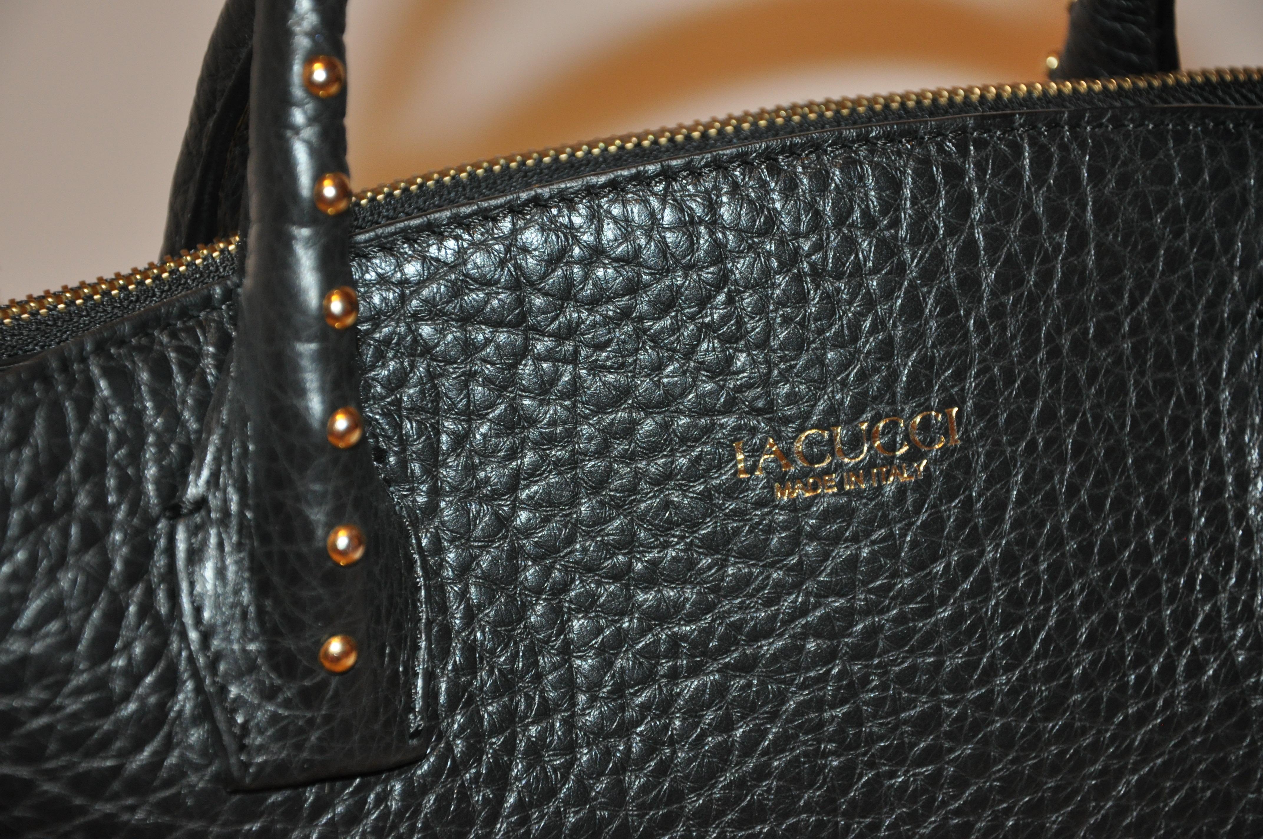 LaGucci Black Textured Calfskin with Leopard Print Pony & Studded Handle Tote For Sale 1