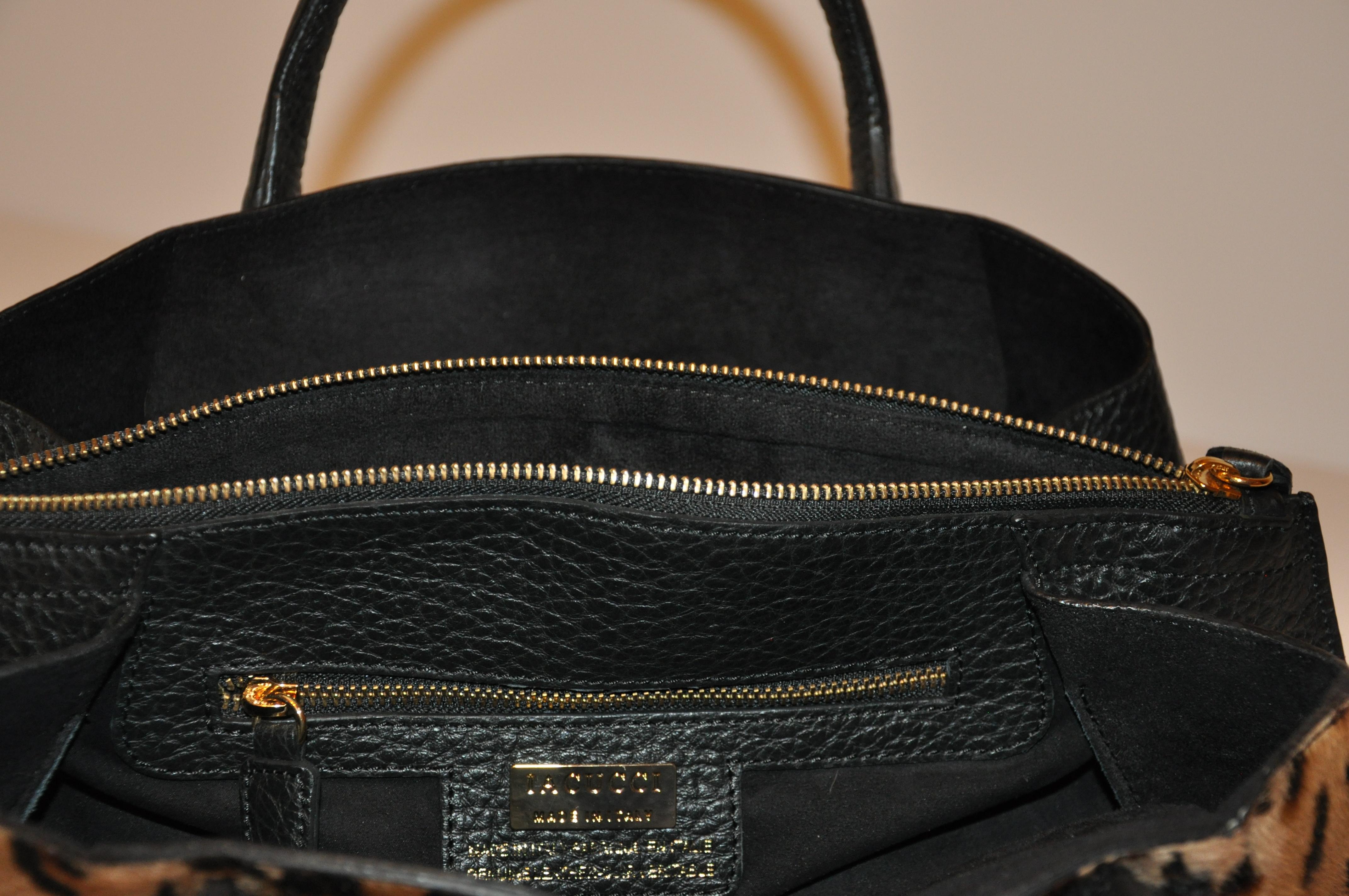 LaGucci Black Textured Calfskin with Leopard Print Pony & Studded Handle Tote  For Sale 2