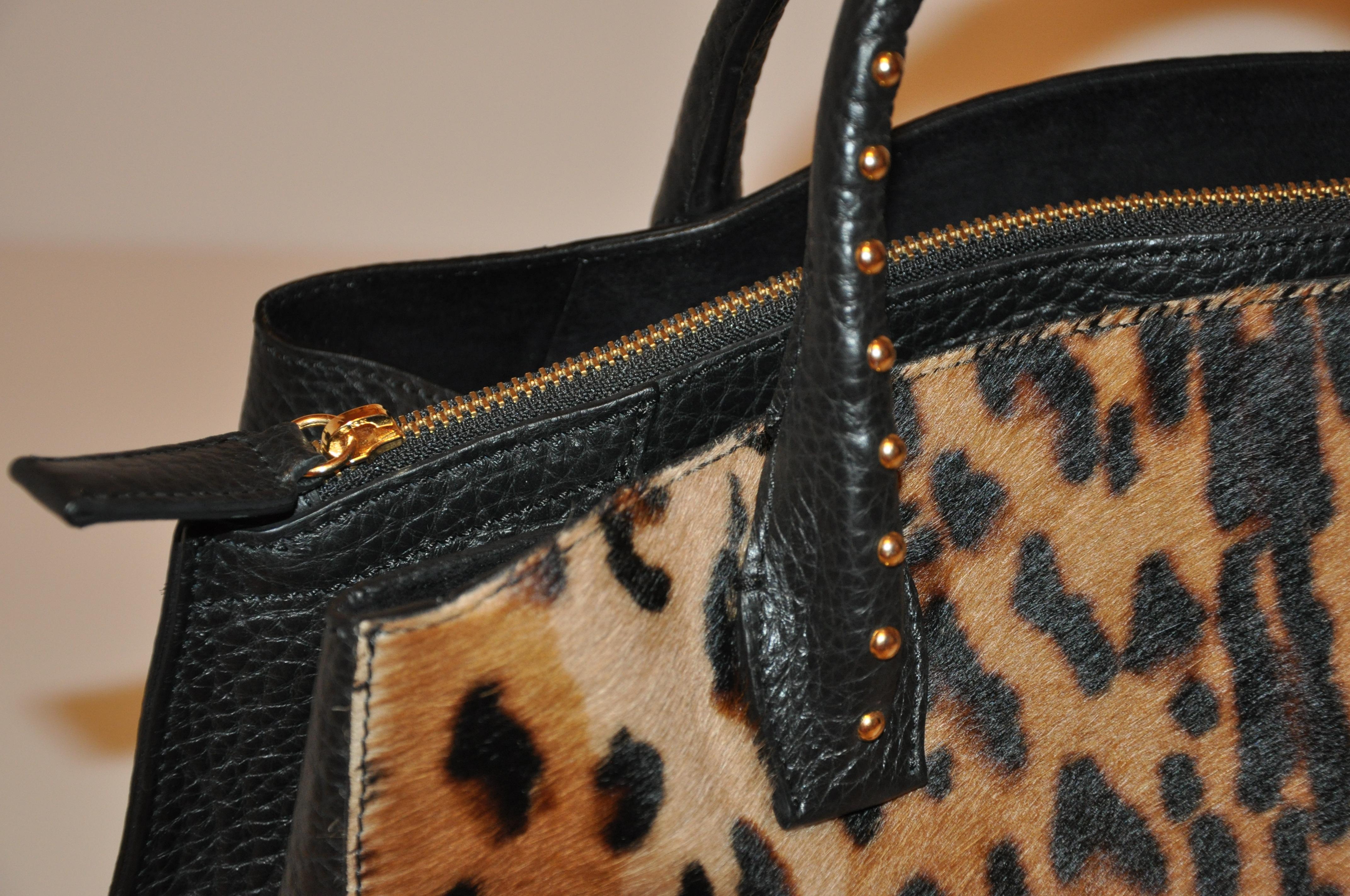 LaGucci Black Textured Calfskin with Leopard Print Pony & Studded Handle Tote For Sale 4