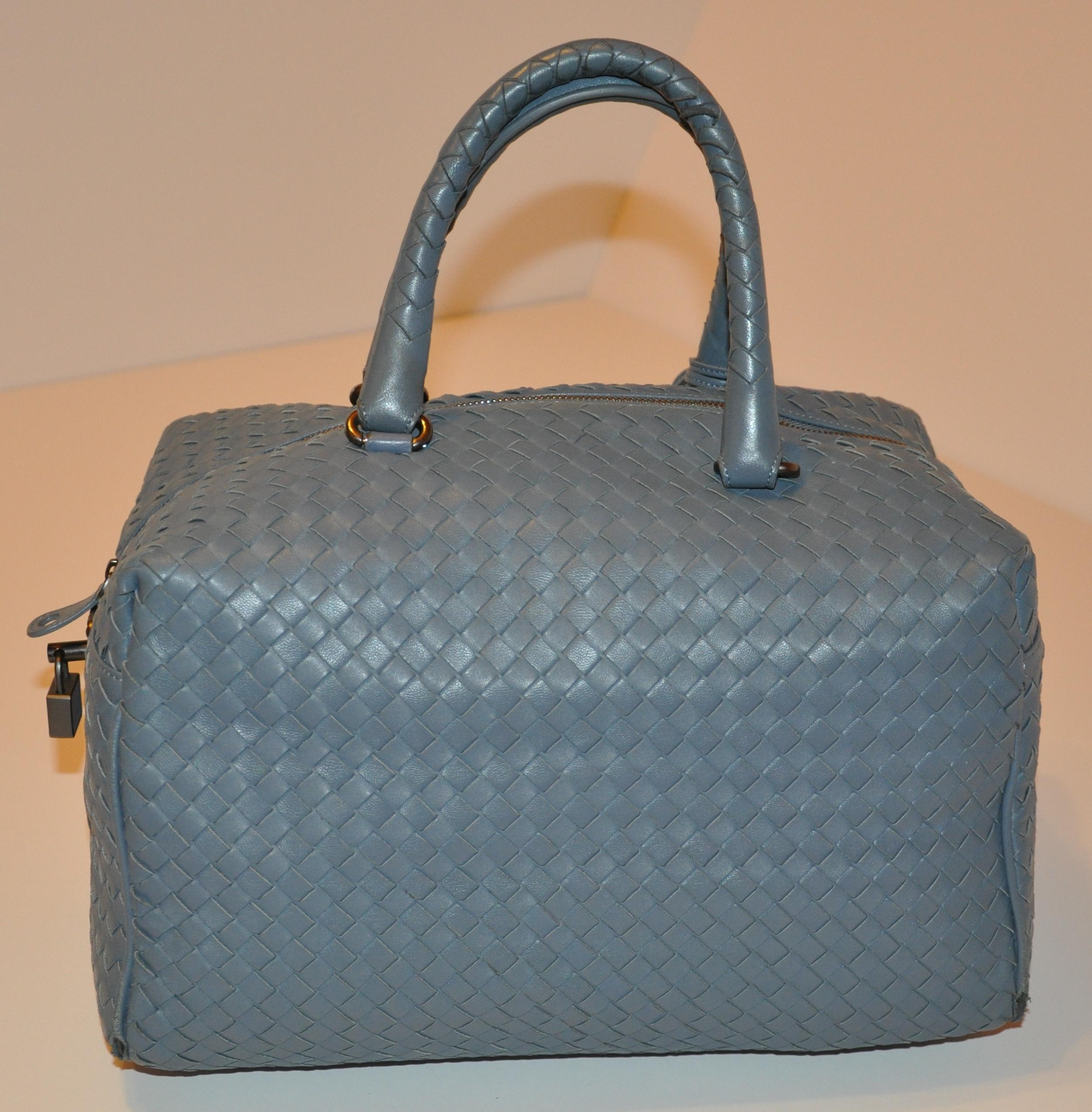 Gray Bottega Veneta Steel-Blue Signature Woven Lambskin Weekend Tote For Sale