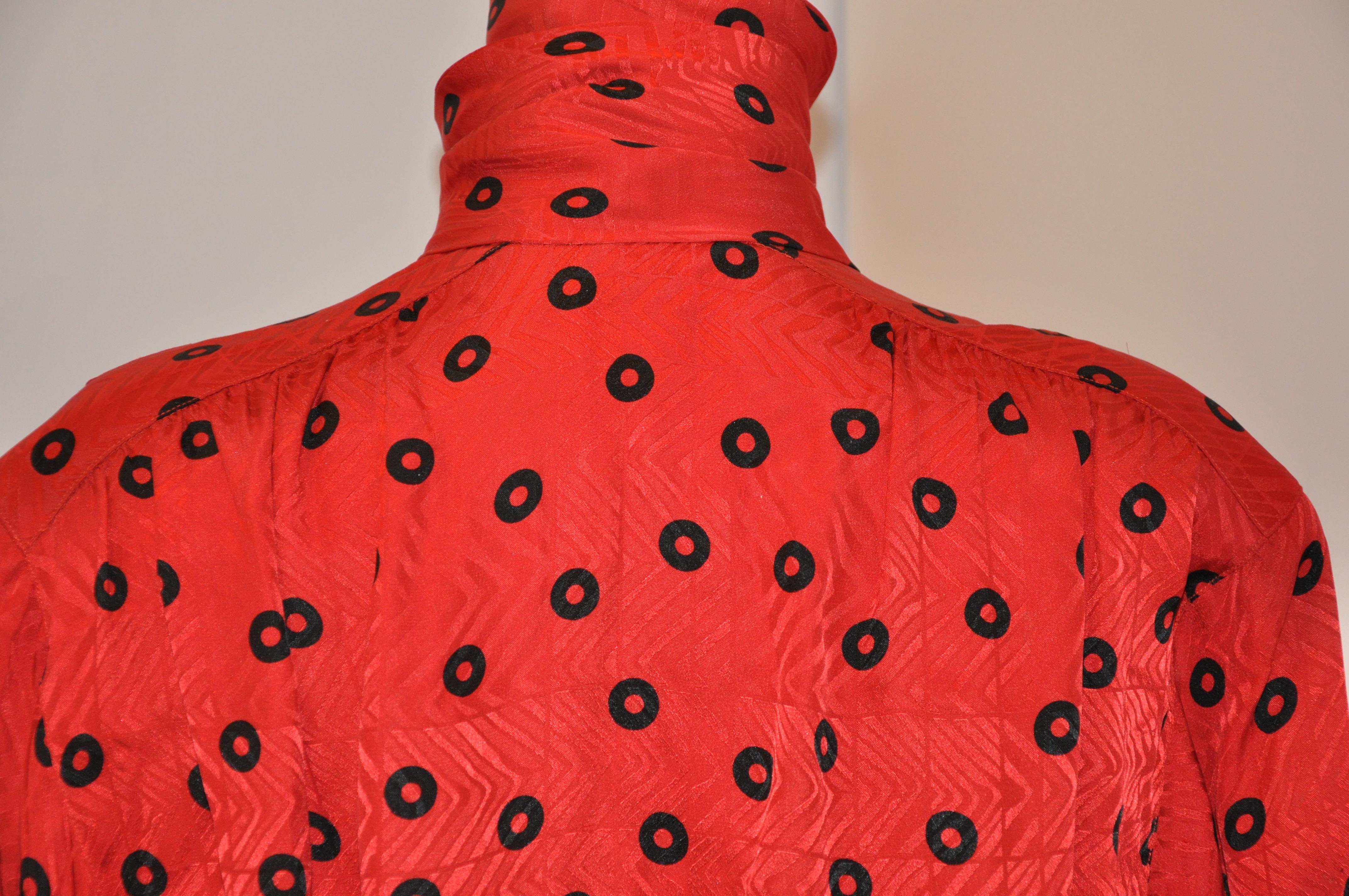 Christian Dior Red-On-Red Abstract Print with Black Extended-Collar Silk Blouse In Good Condition In New York, NY