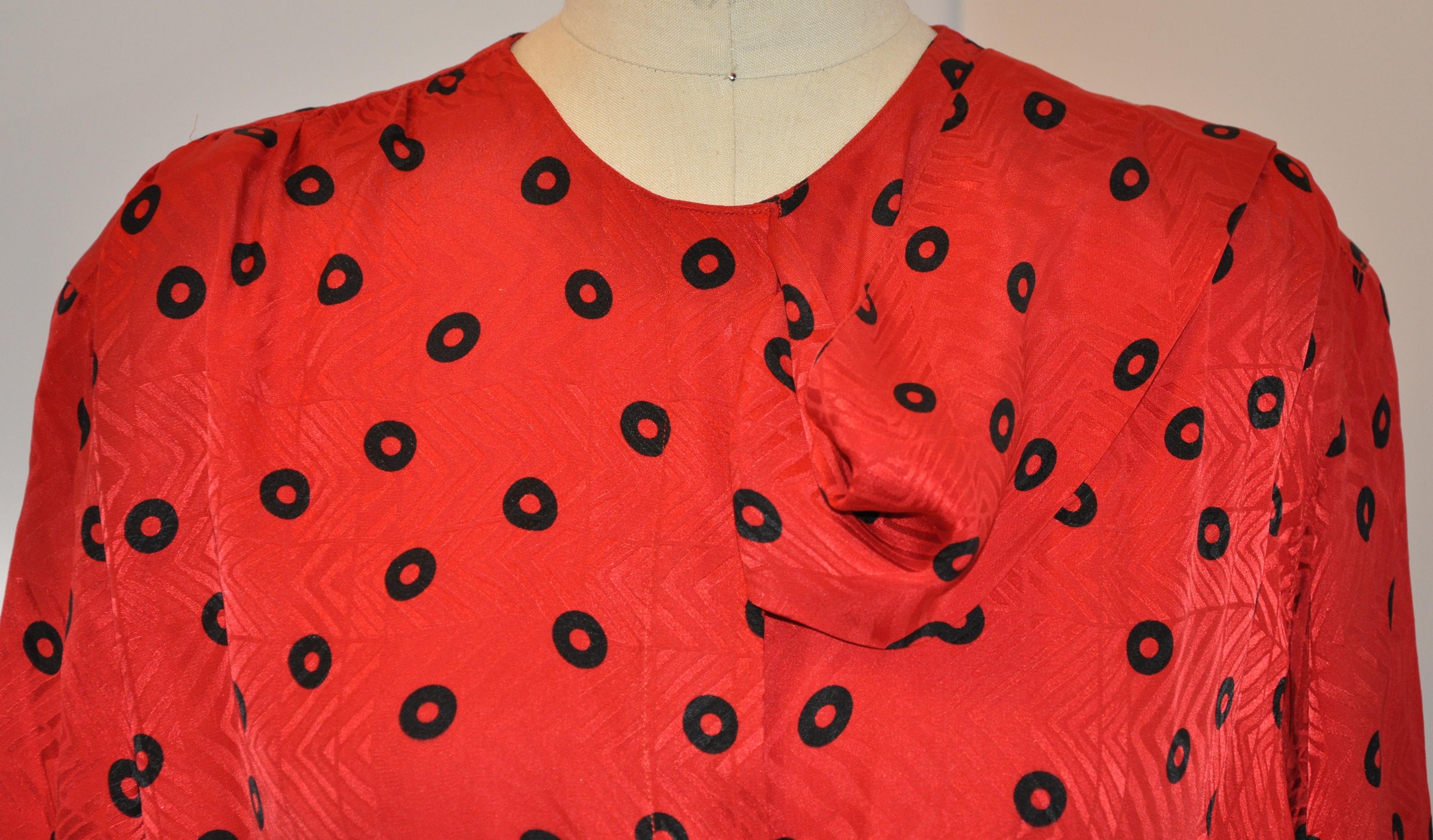 Women's or Men's Christian Dior Red-On-Red Abstract Print with Black Extended-Collar Silk Blouse