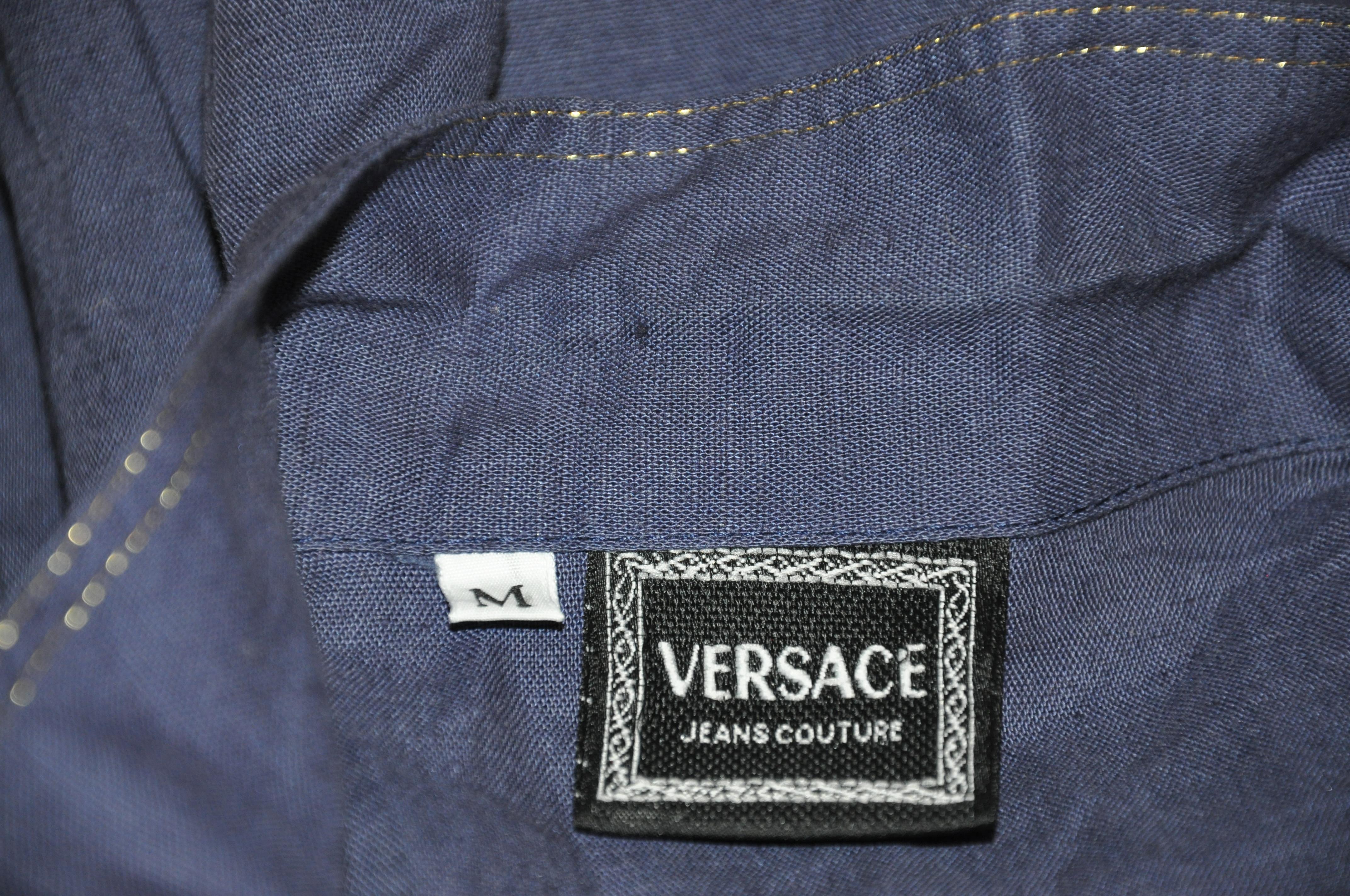 Gianni Versace Marineblaues Tunikahemd aus Leinen und Baumwolle mit Metallic-Gold-Akzent (Schwarz) im Angebot