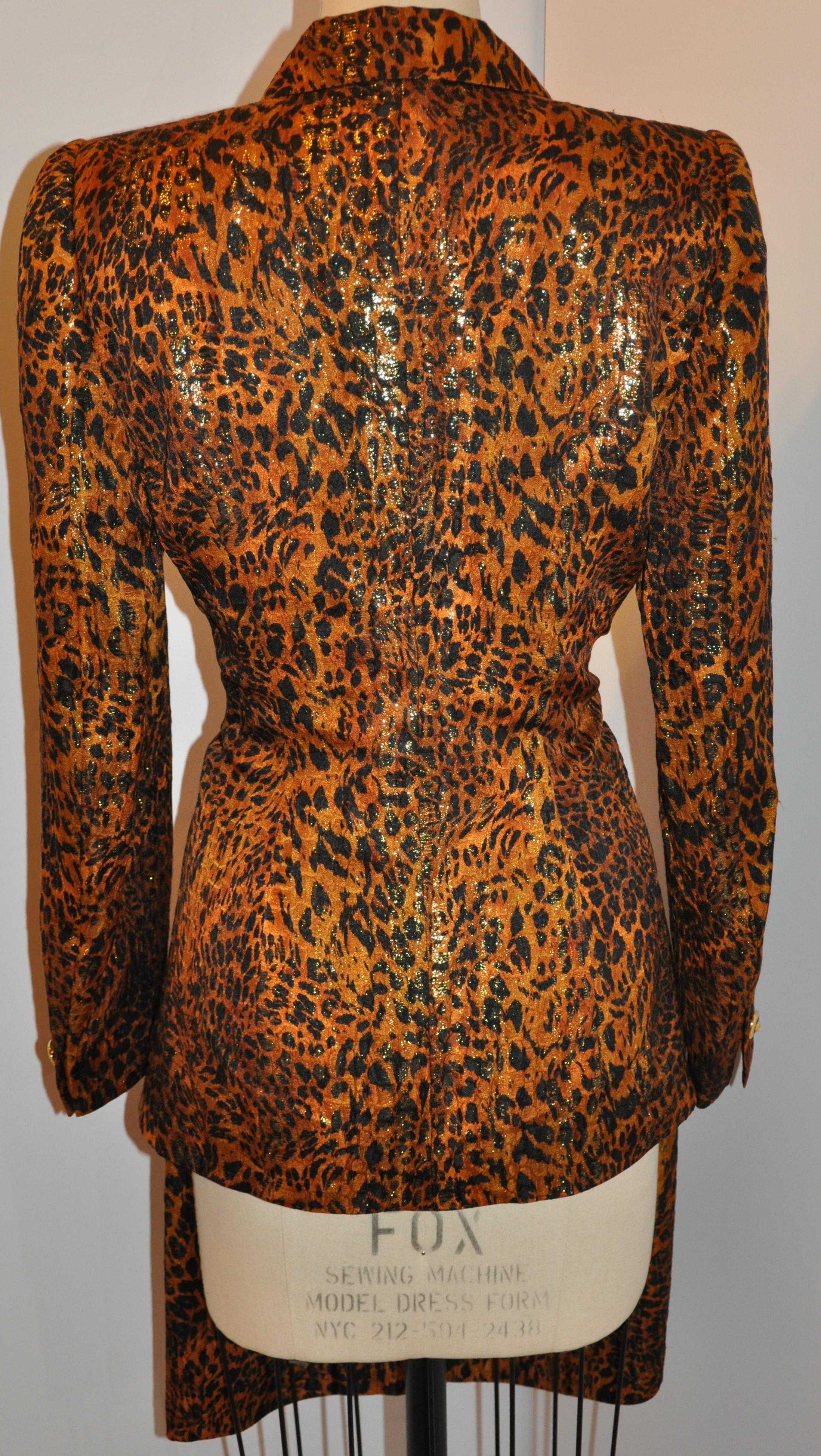 Brown Escada Beautifully Elegant Leopard Print with Metallic Gold Lame Skirt Suit For Sale