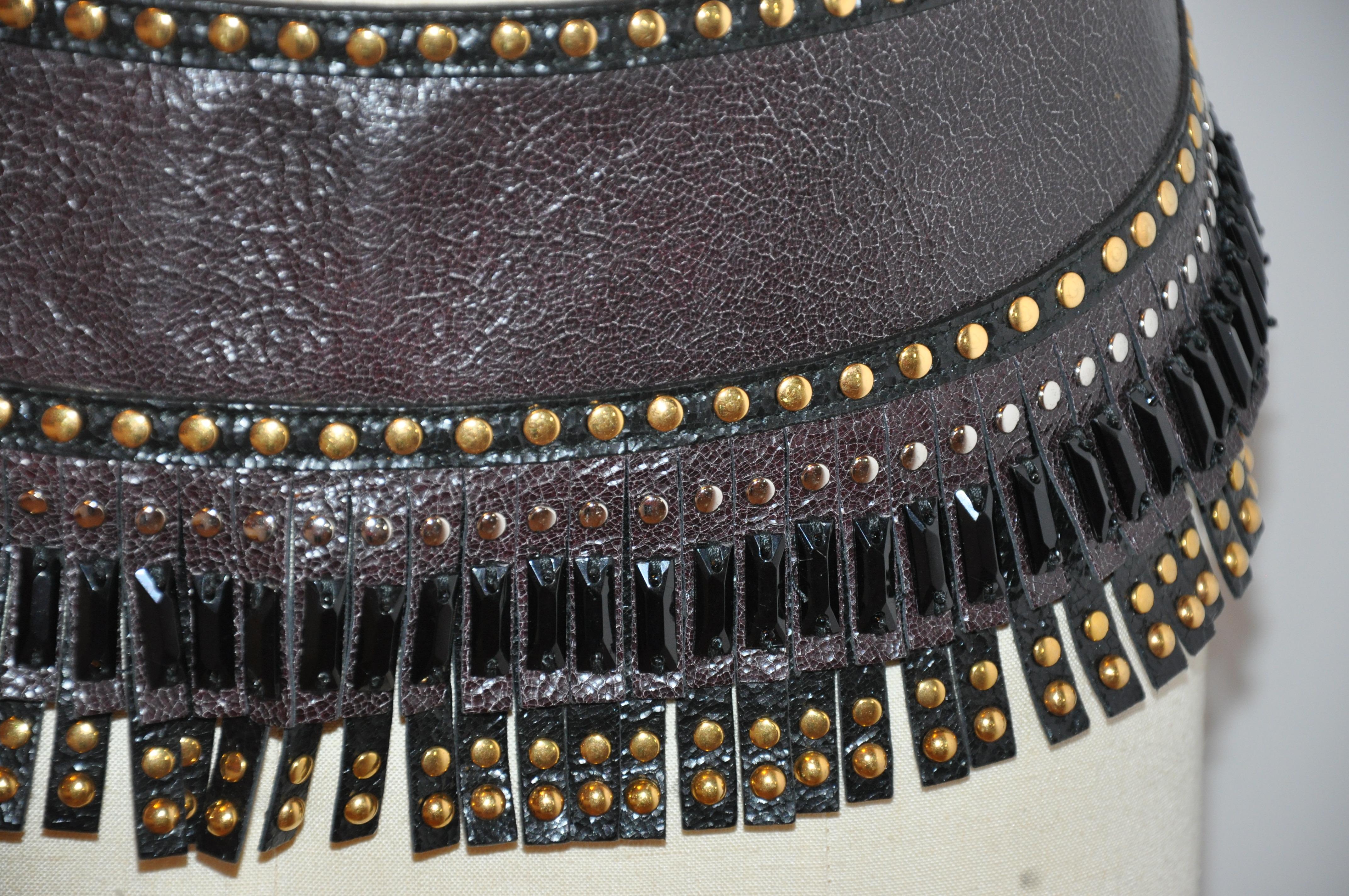 Prada Multi Gold Studded Coco-Brown Fringed with Black Beadwork Buckle Belt For Sale 1