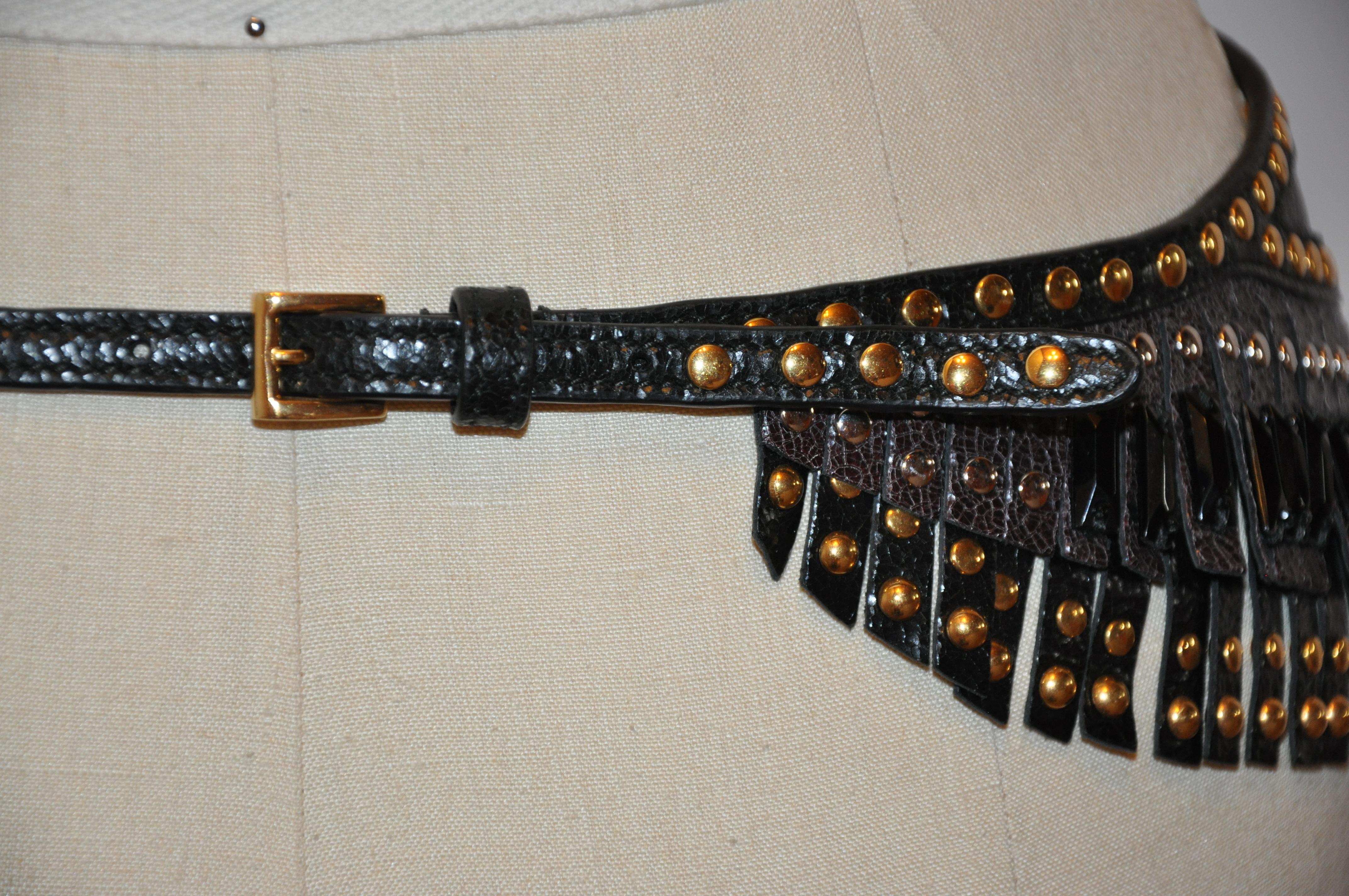 Prada Multi Gold Studded Coco-Brown Fringed with Black Beadwork Buckle Belt For Sale 2