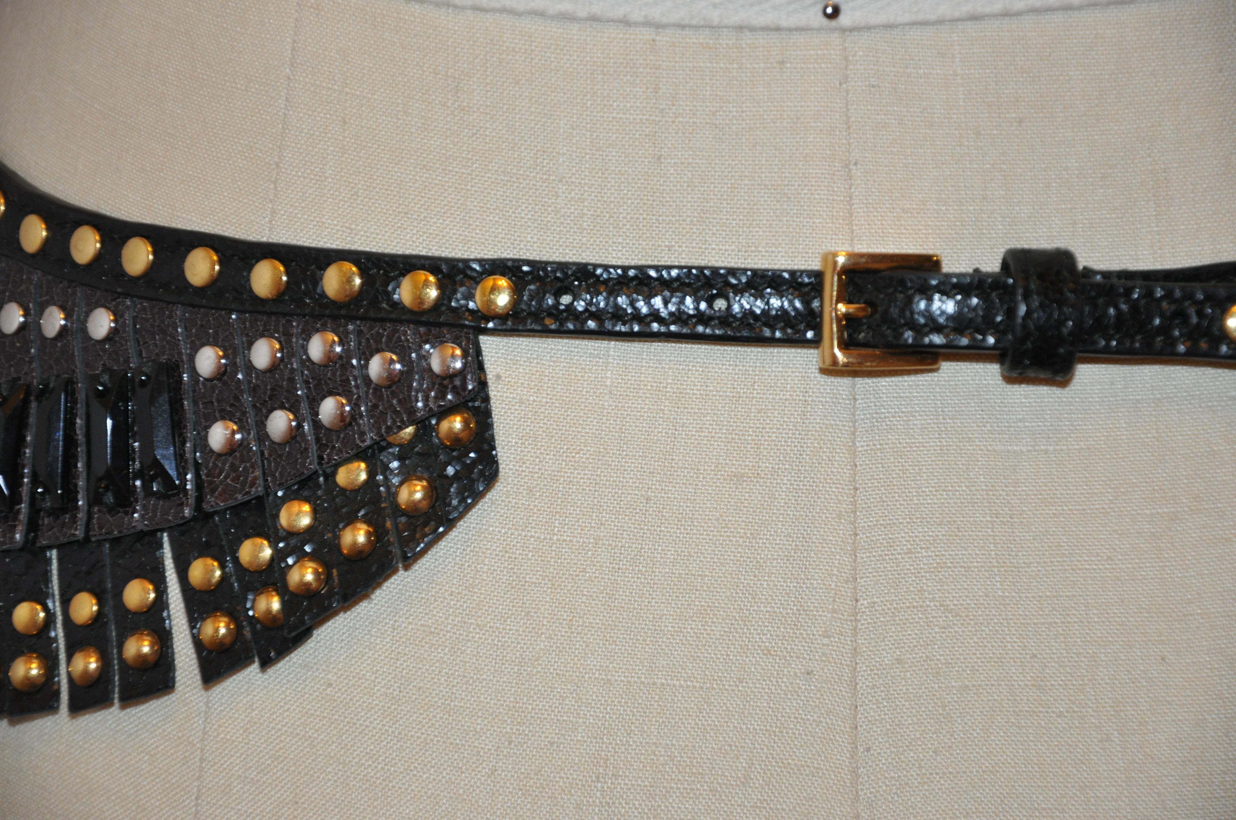 Prada Multi Gold Studded Coco-Brown Fringed with Black Beadwork Buckle Belt For Sale 3