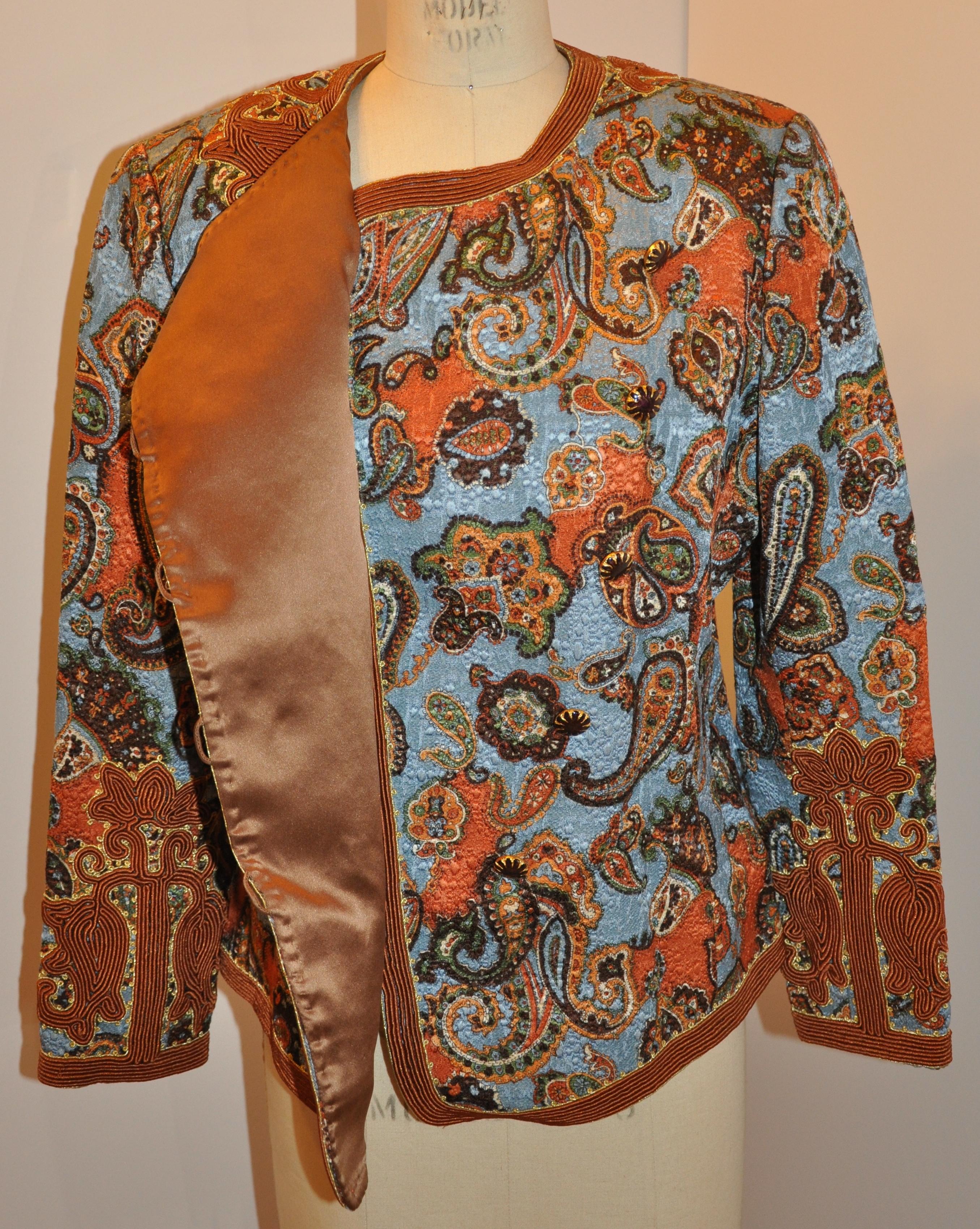 Brown Oscar de la Renta 'Couture' Metallic Multi-Palsey Brocade with Silk Cord Jacket For Sale