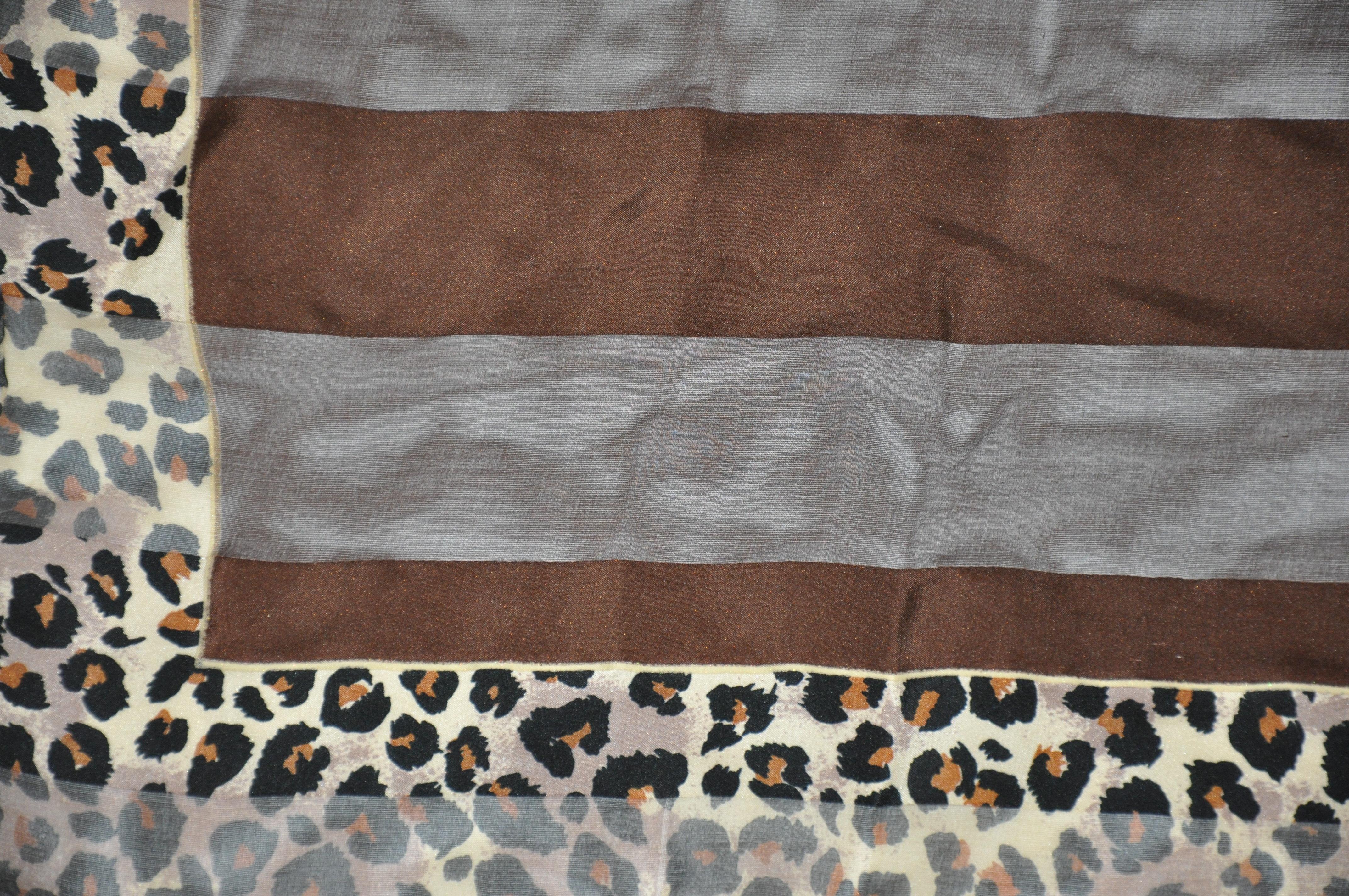 Bill Blass Coco Brown with Leopard Borders Silk and Silk Chiffon Scarf In Good Condition For Sale In New York, NY