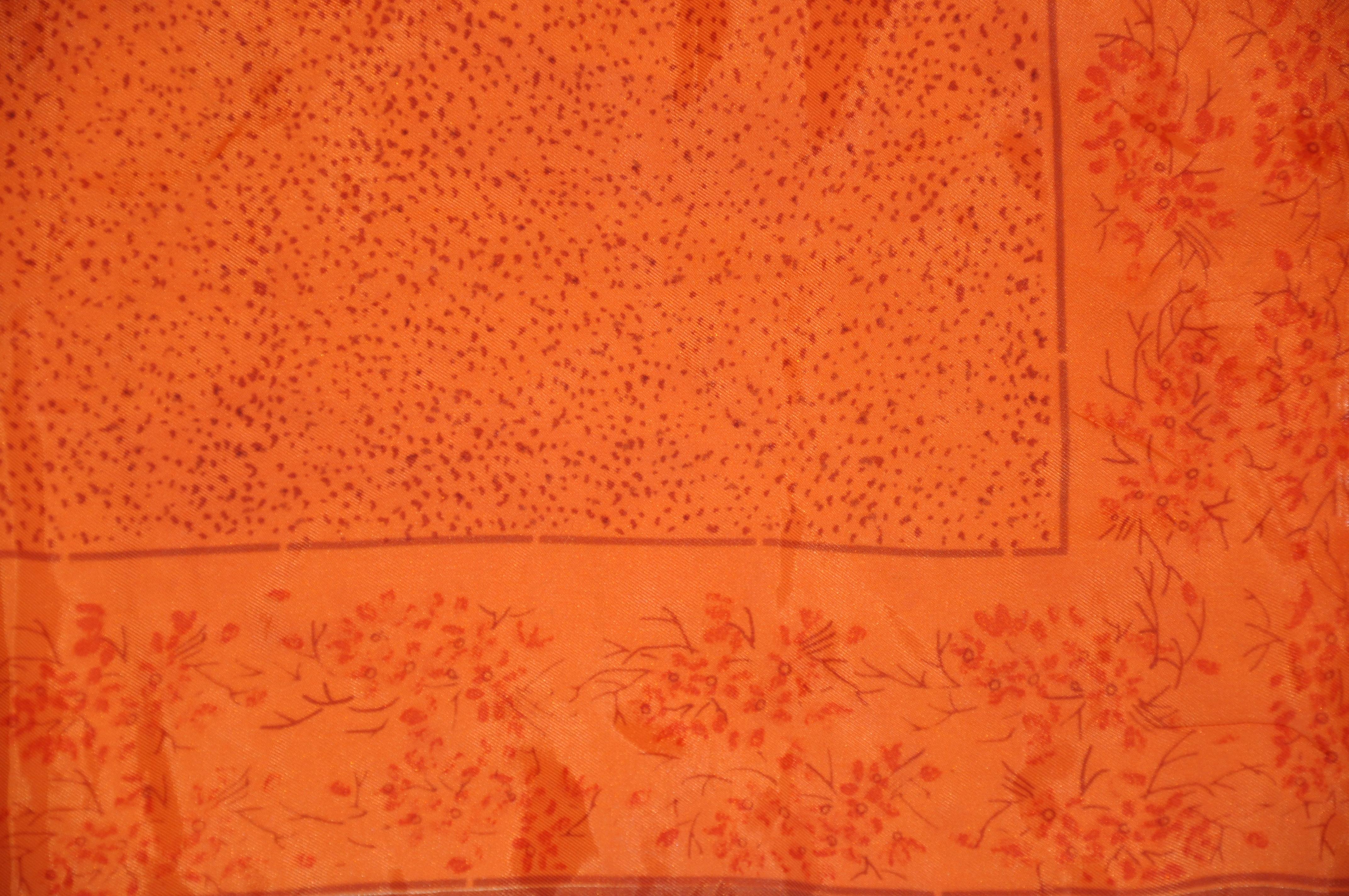 Vera Warm Tangerine with Scattered Floral Borders Scarf In Good Condition For Sale In New York, NY