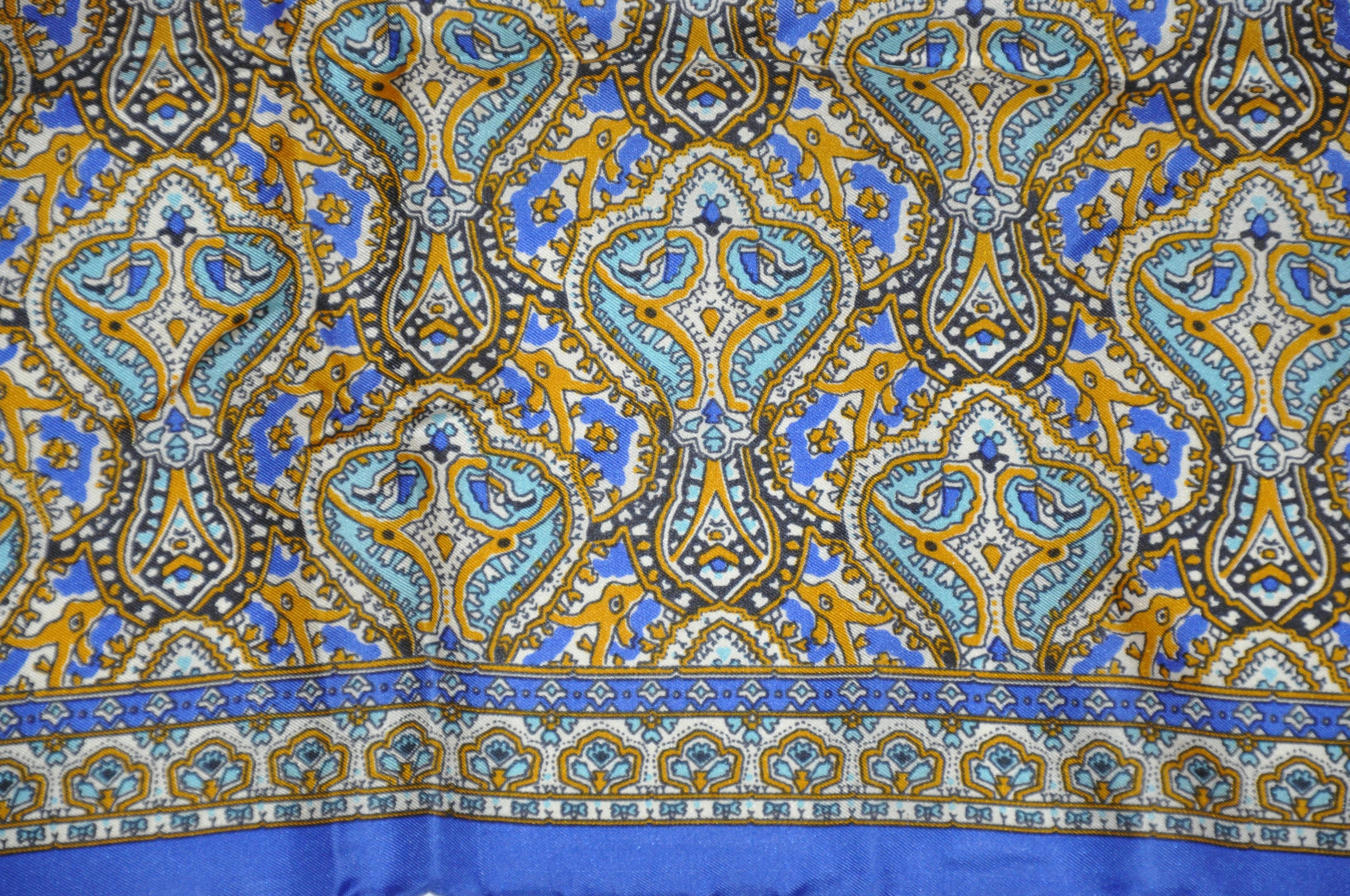 Blue Lapis Border with Multi Palseys Silk Scarf In Good Condition For Sale In New York, NY