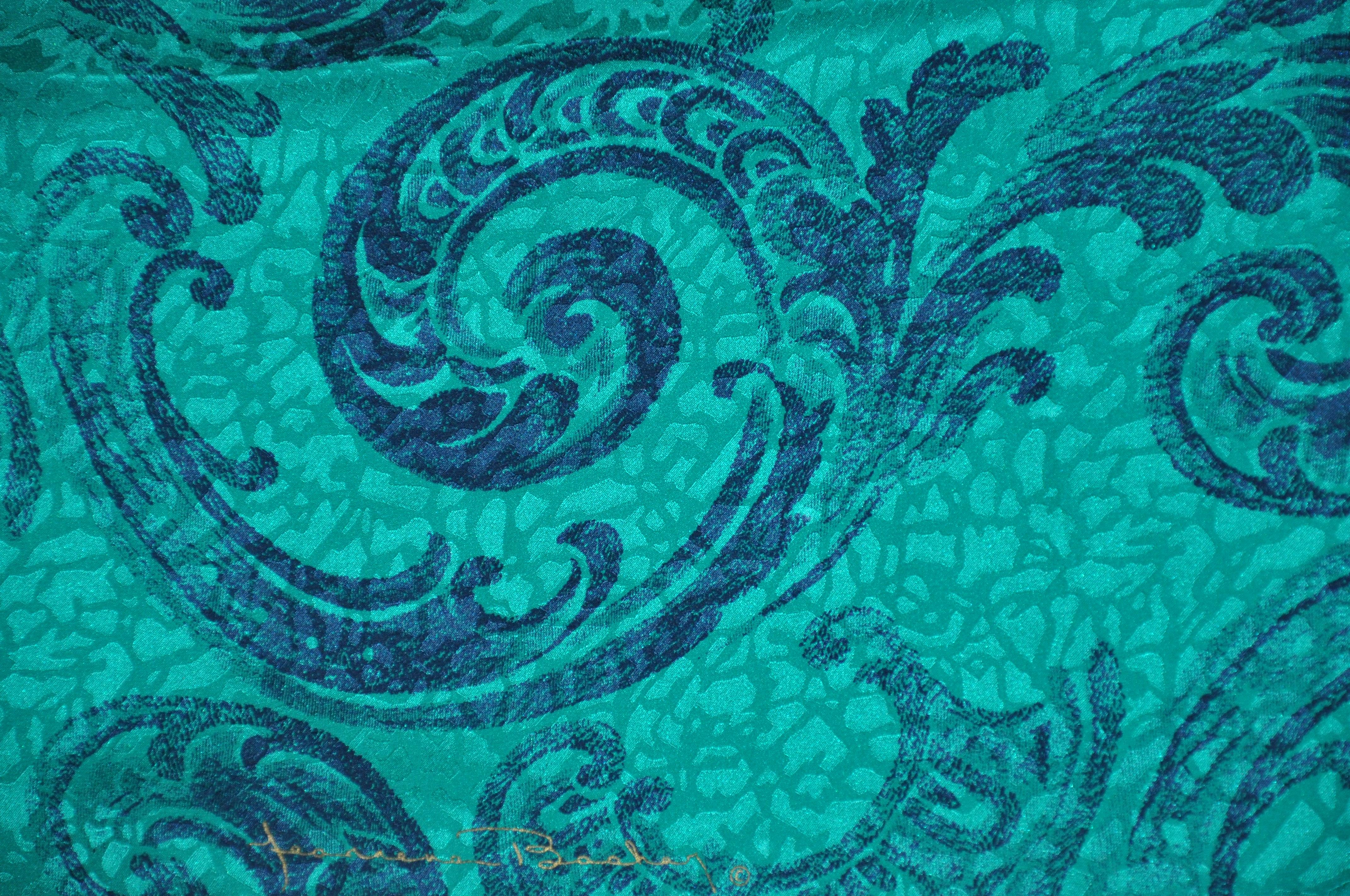        Jeannene Booher for Maggy London richly elegant large rich emerald and black multi palsey silk crepe di chine scarf measures 33 inches by 38 inches, accented with hand-rolled edges.