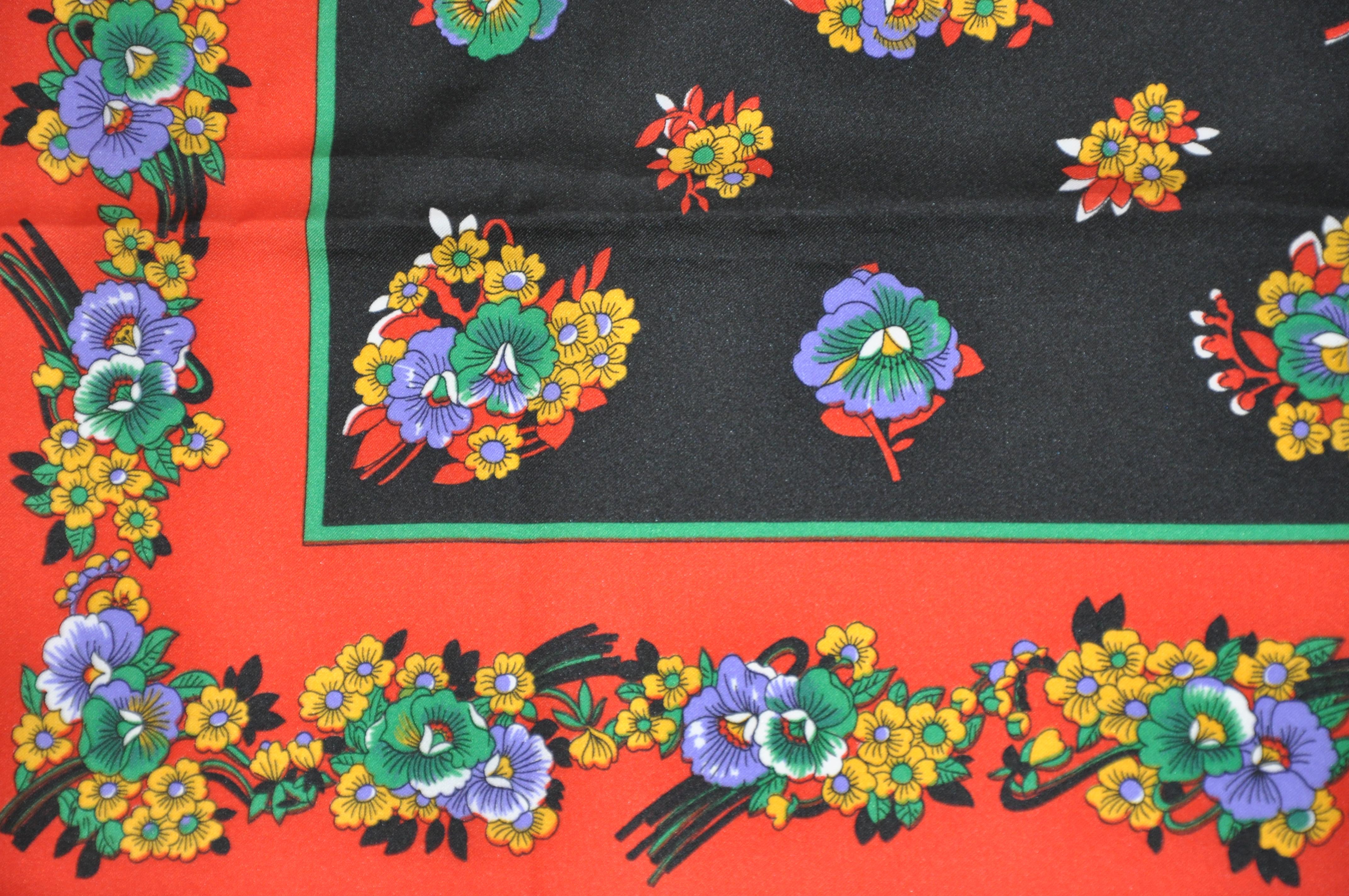 Vivid and Colorful Multi-Color Floral Red Border Scarf In Good Condition For Sale In New York, NY