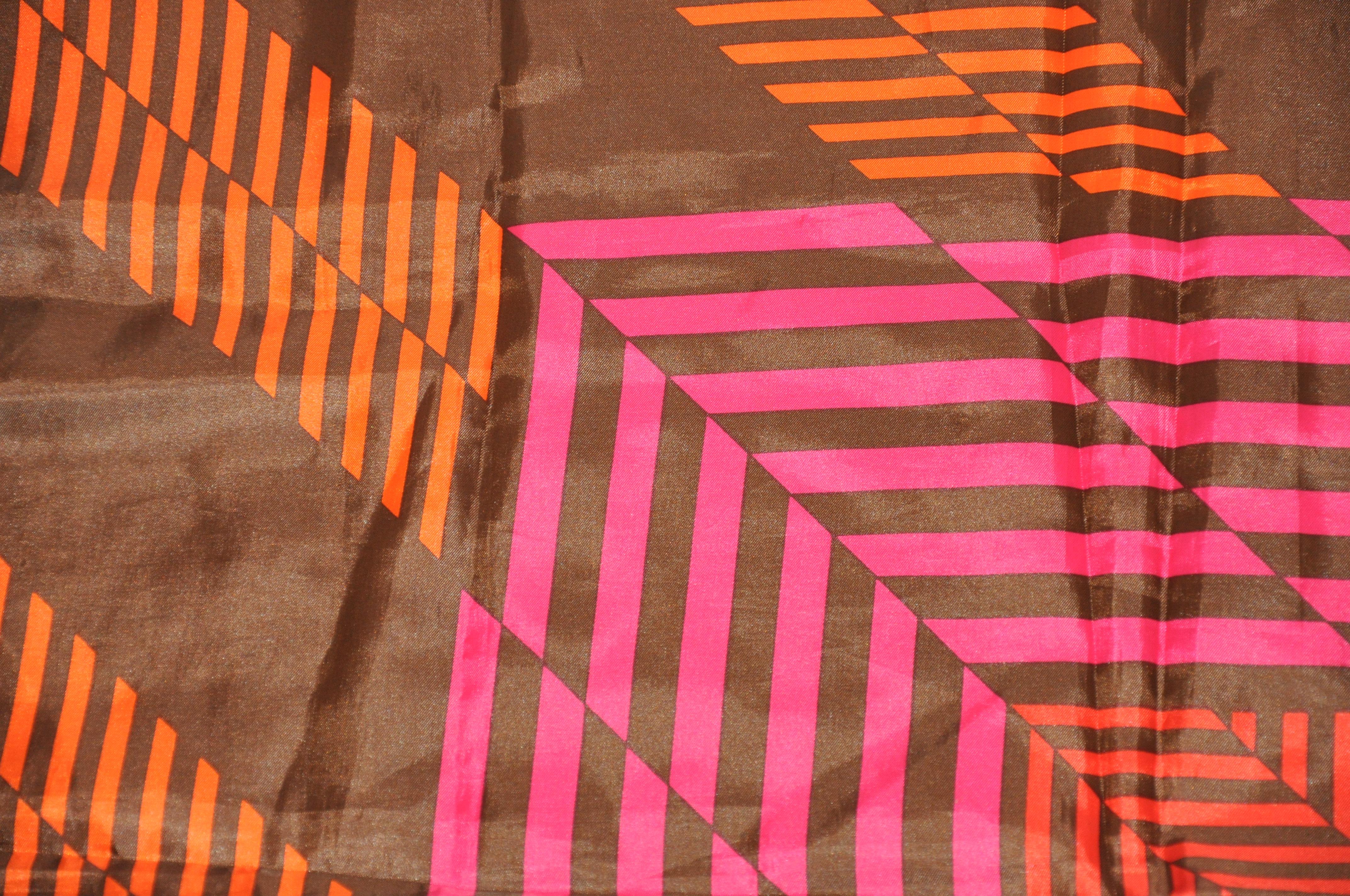 Coco Brown Borders with Abstract Tangerine & Fuchsia Stripes Scarf In Good Condition For Sale In New York, NY