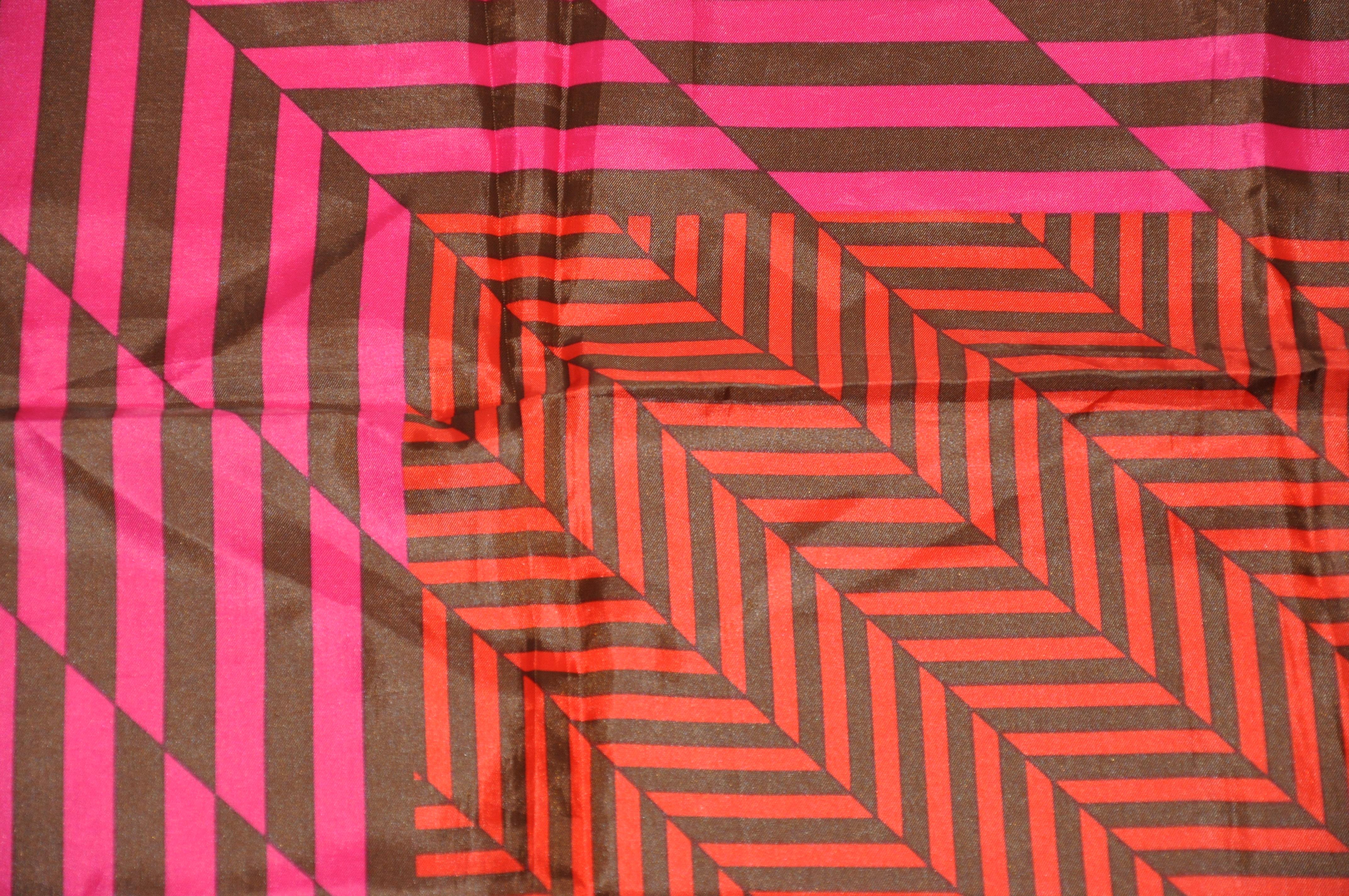 Women's or Men's Coco Brown Borders with Abstract Tangerine & Fuchsia Stripes Scarf For Sale
