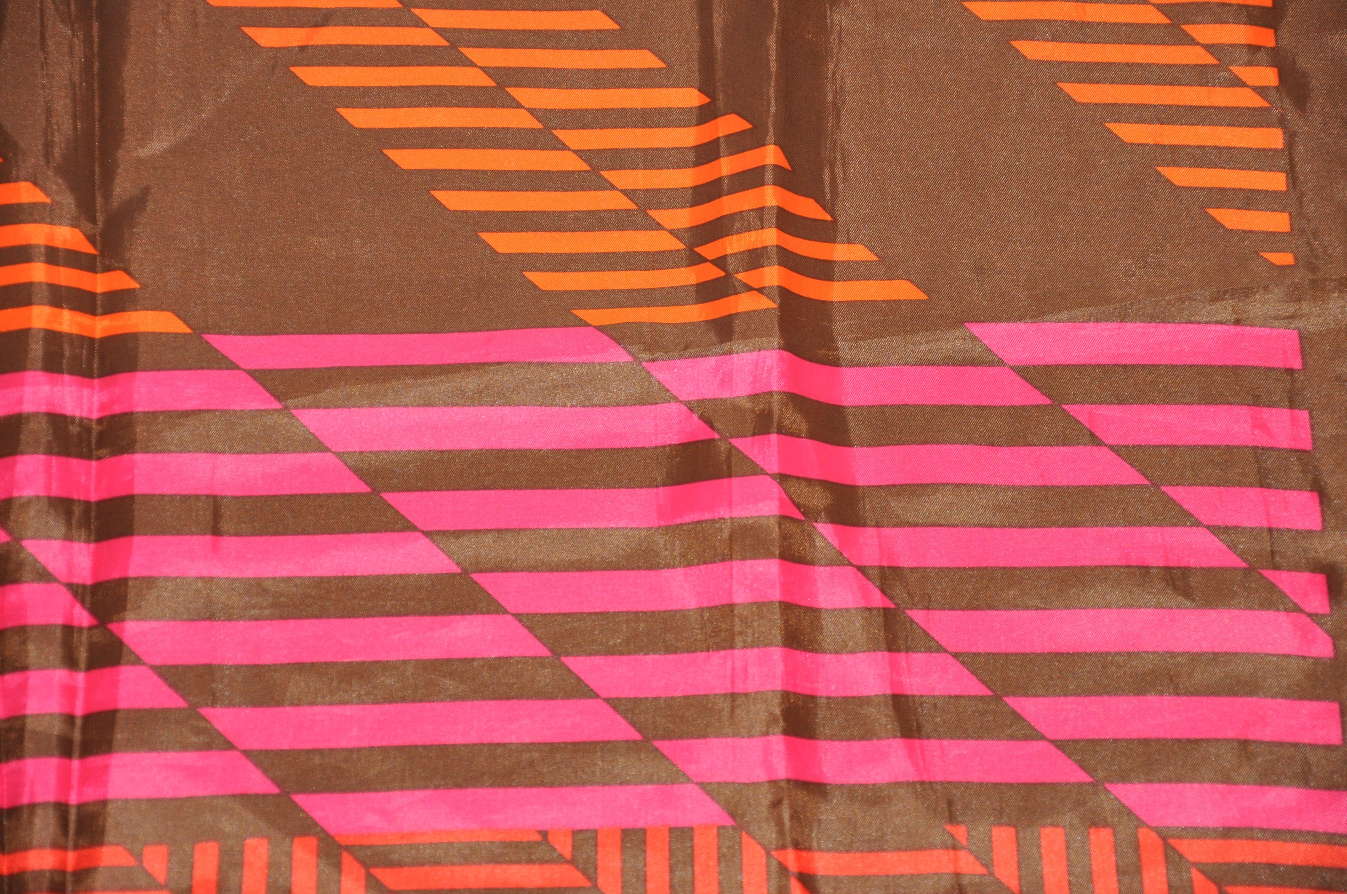 Coco Brown Borders with Abstract Tangerine & Fuchsia Stripes Scarf For Sale 2