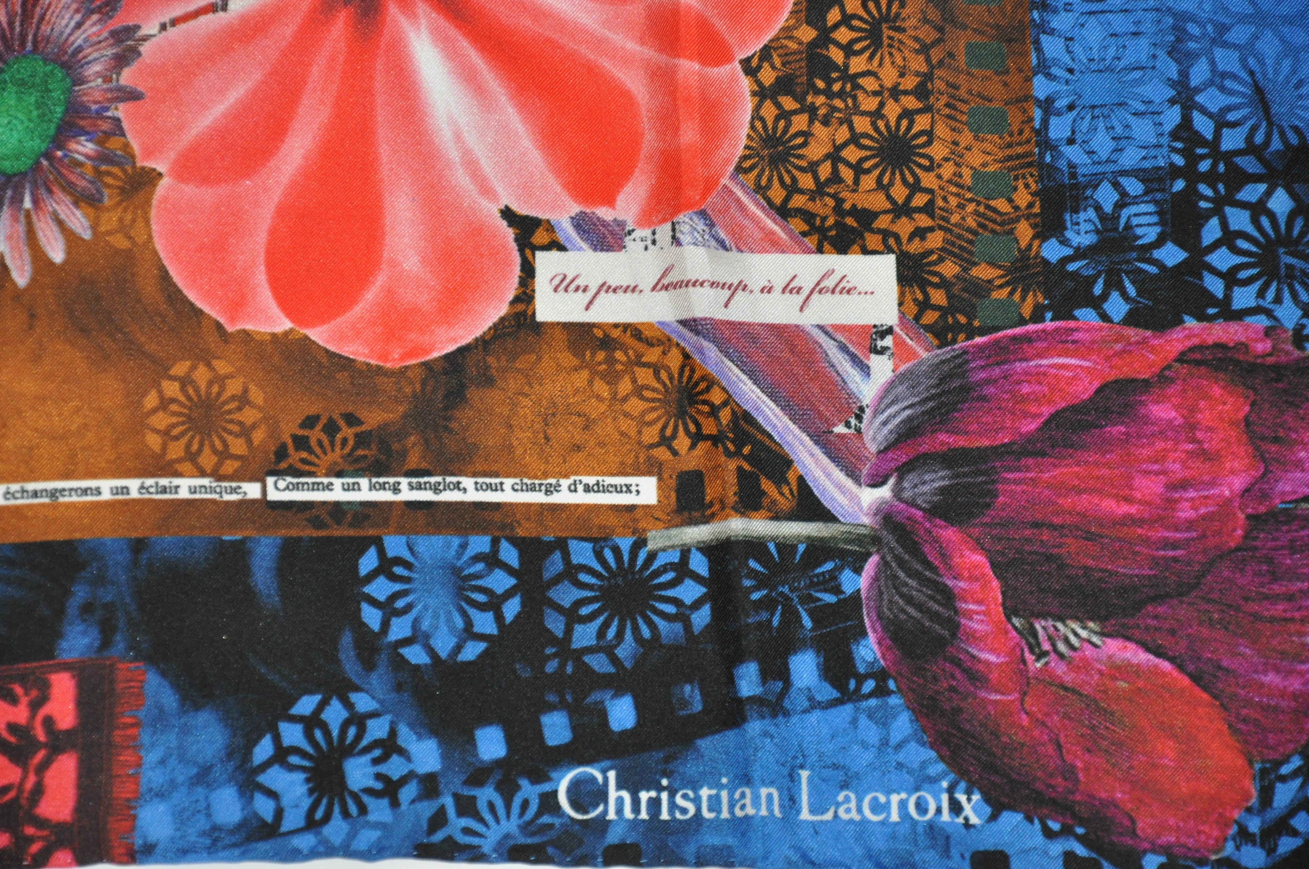       La merveilleuse écharpe en jacquard de soie multicolore à fleurs abstraites audacieuses de Christian Lacroix mesure 26 pouces par 27 pouces, avec des bords roulés à la main. Les étiquettes d'origine sont attachées et le produit est fabriqué en