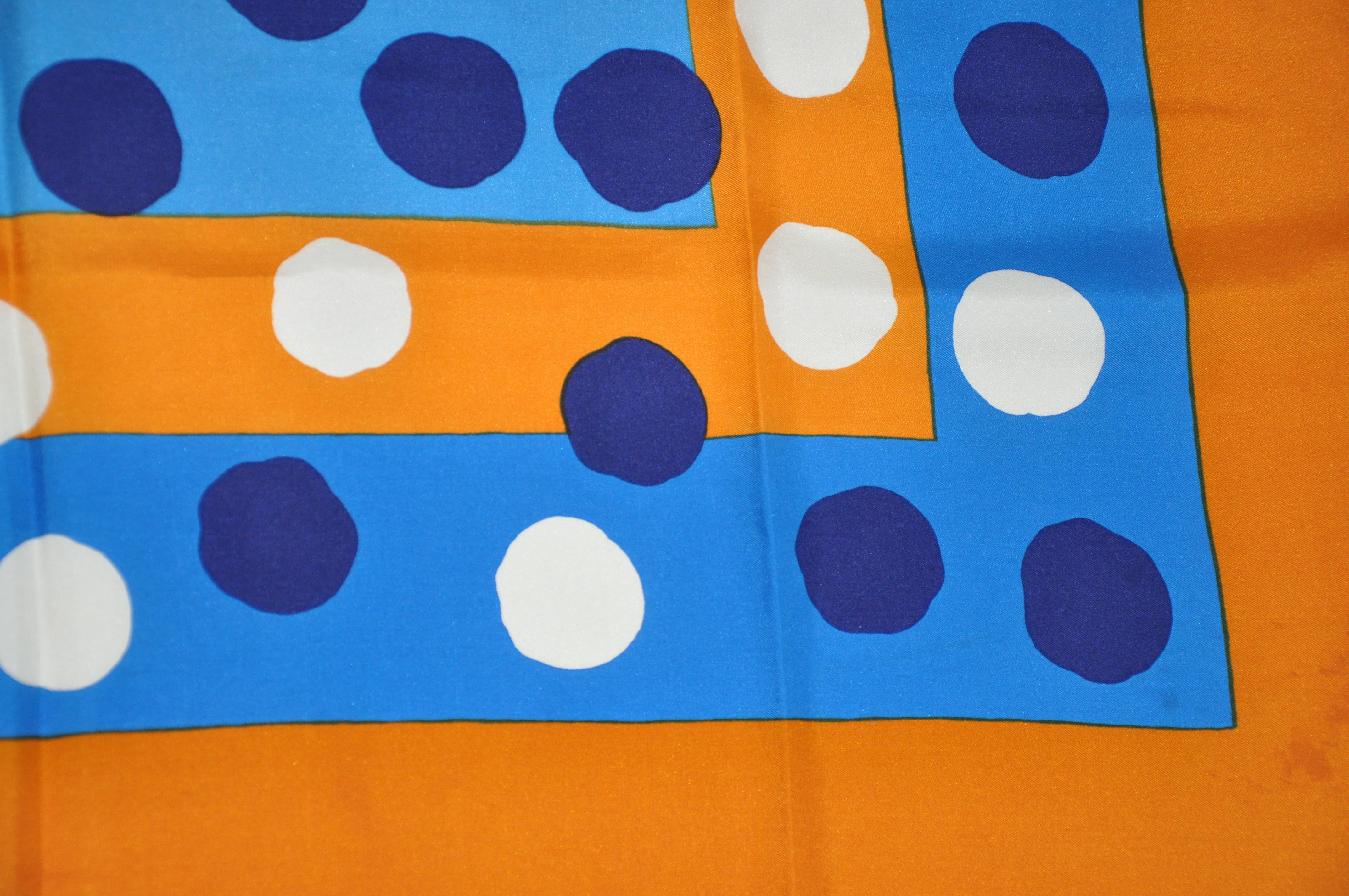 Orange Yves Saint Laurent Whimsical Multi-Color Polka Dot with Autumn Border Silk Scarf For Sale