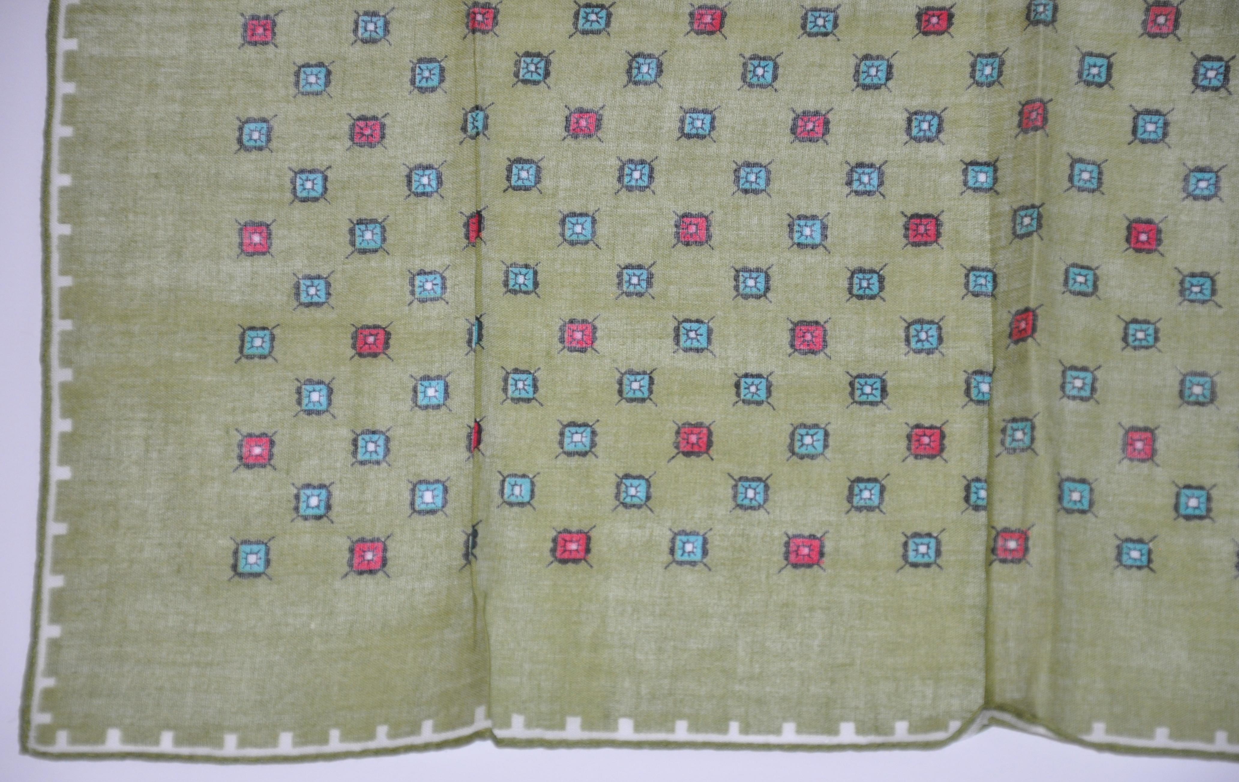Olive-Green with Micro Florals and Hand-Rolled Edges Swiss cotton Handkerchief In Good Condition In New York, NY