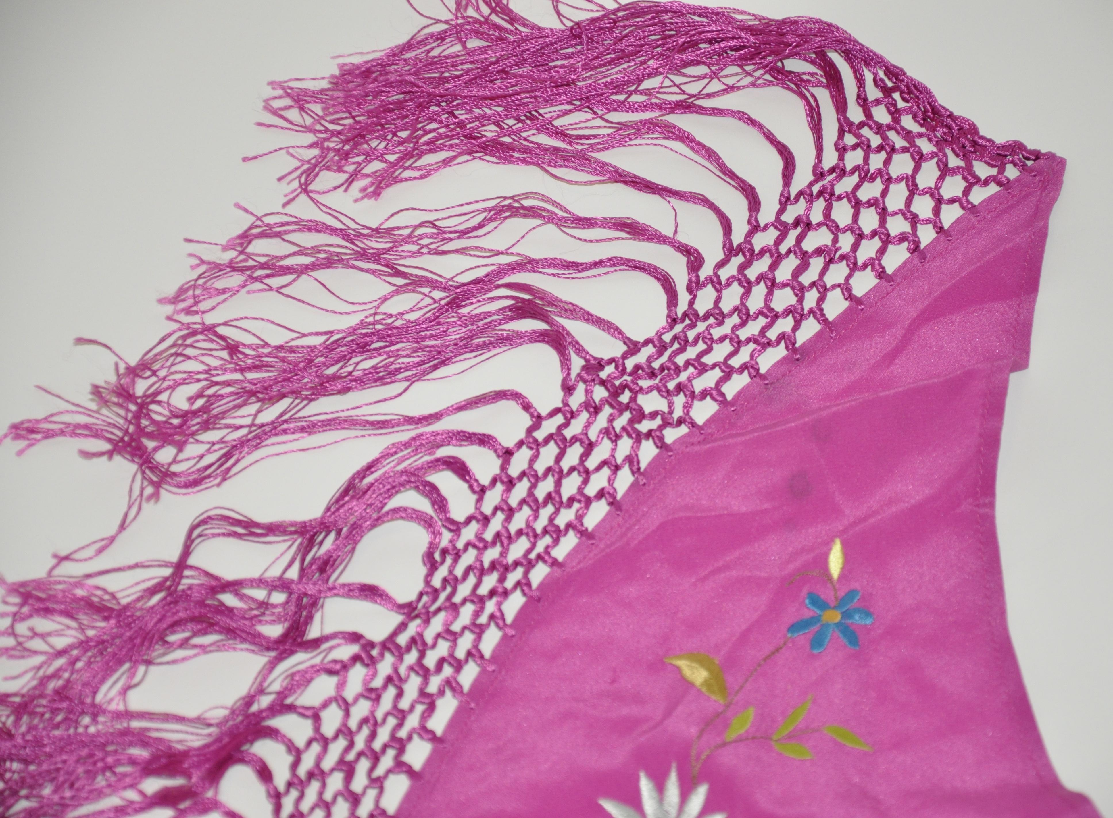 Fuchsia with Multi-Color Hand-Embroidered Florals Multi-Tier Silk Fringe Scarf For Sale 1