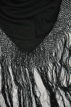 Huge Black Wool with Multi-Tier Hand-Knotted Silk Fringed Scarf & Optional Shawl