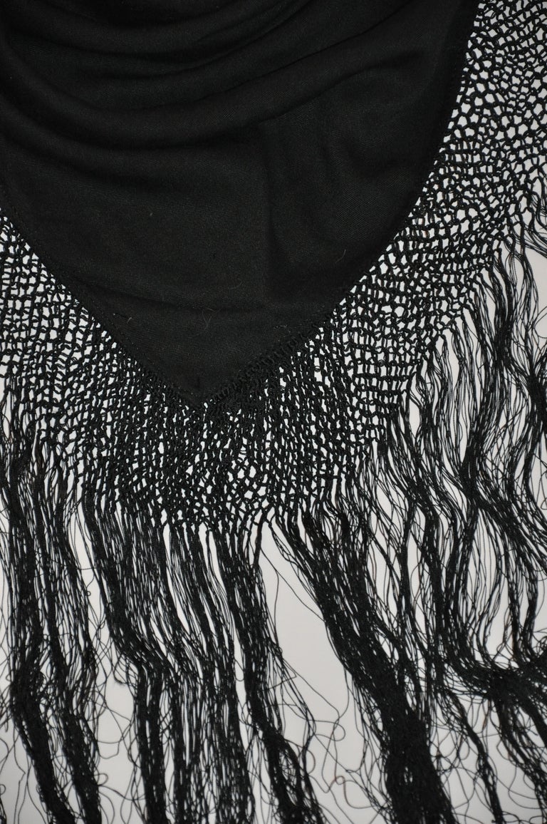 Huge Black Wool with Multi-Tier Hand-Knotted Silk Fringed Scarf and ...