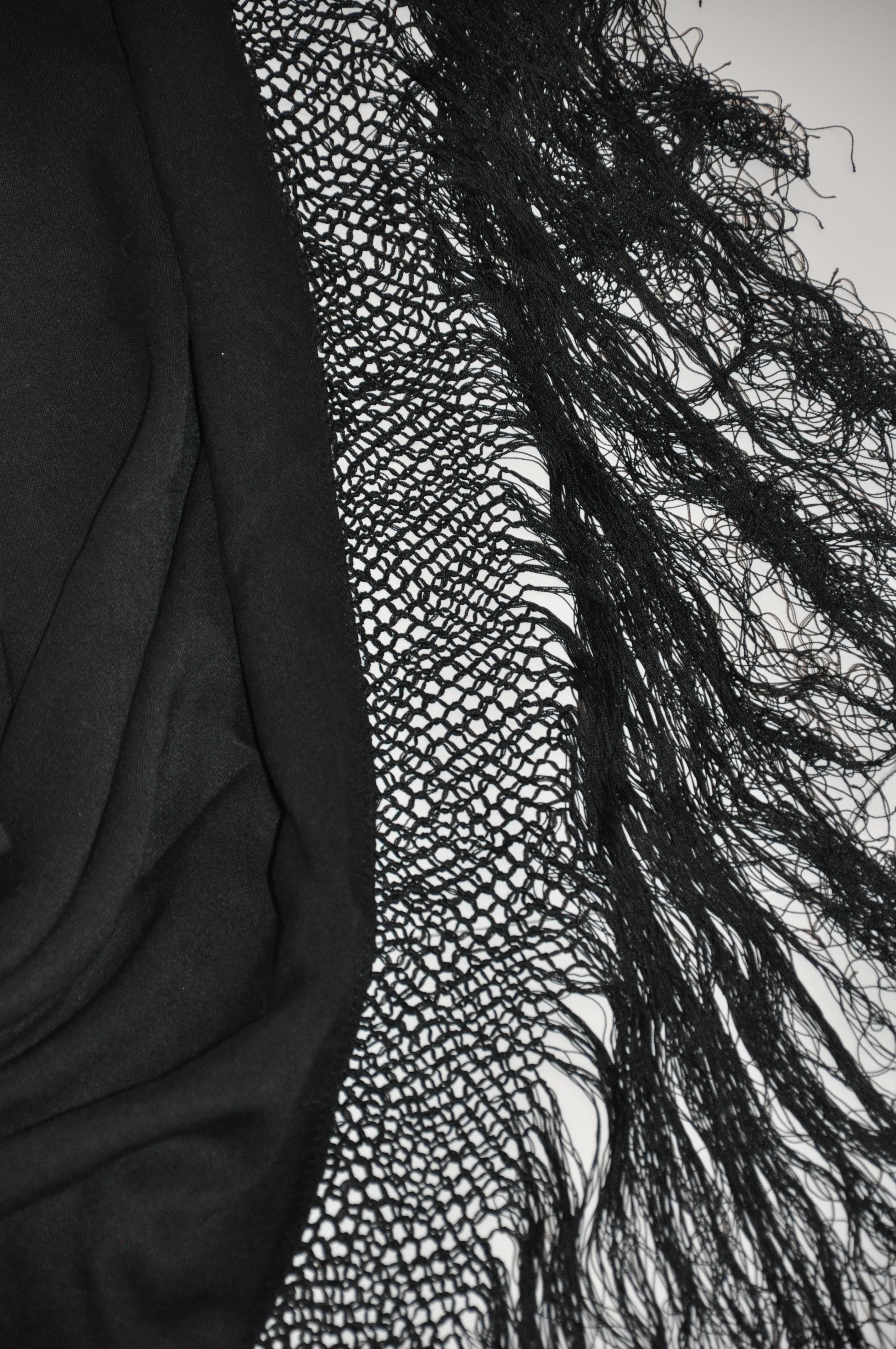 Huge Black Wool with Multi-Tier Hand-Knotted Silk Fringed Scarf & Optional Shawl For Sale 1