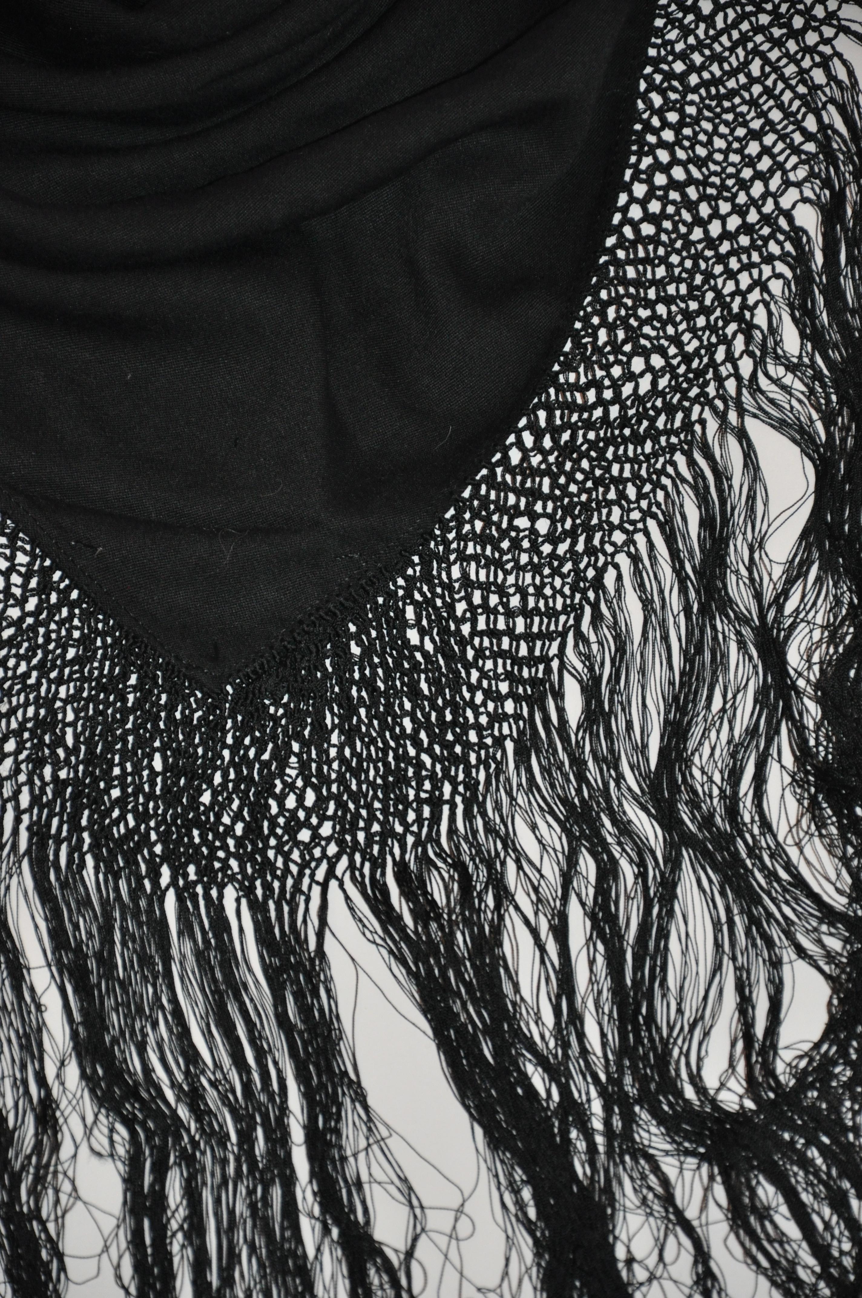 Huge Black Wool with Multi-Tier Hand-Knotted Silk Fringed Scarf & Optional Shawl For Sale 2