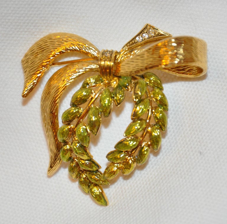 Gilded Gold Vermeil with Enamel "Wreath with Bow" Brooch For Sale at
