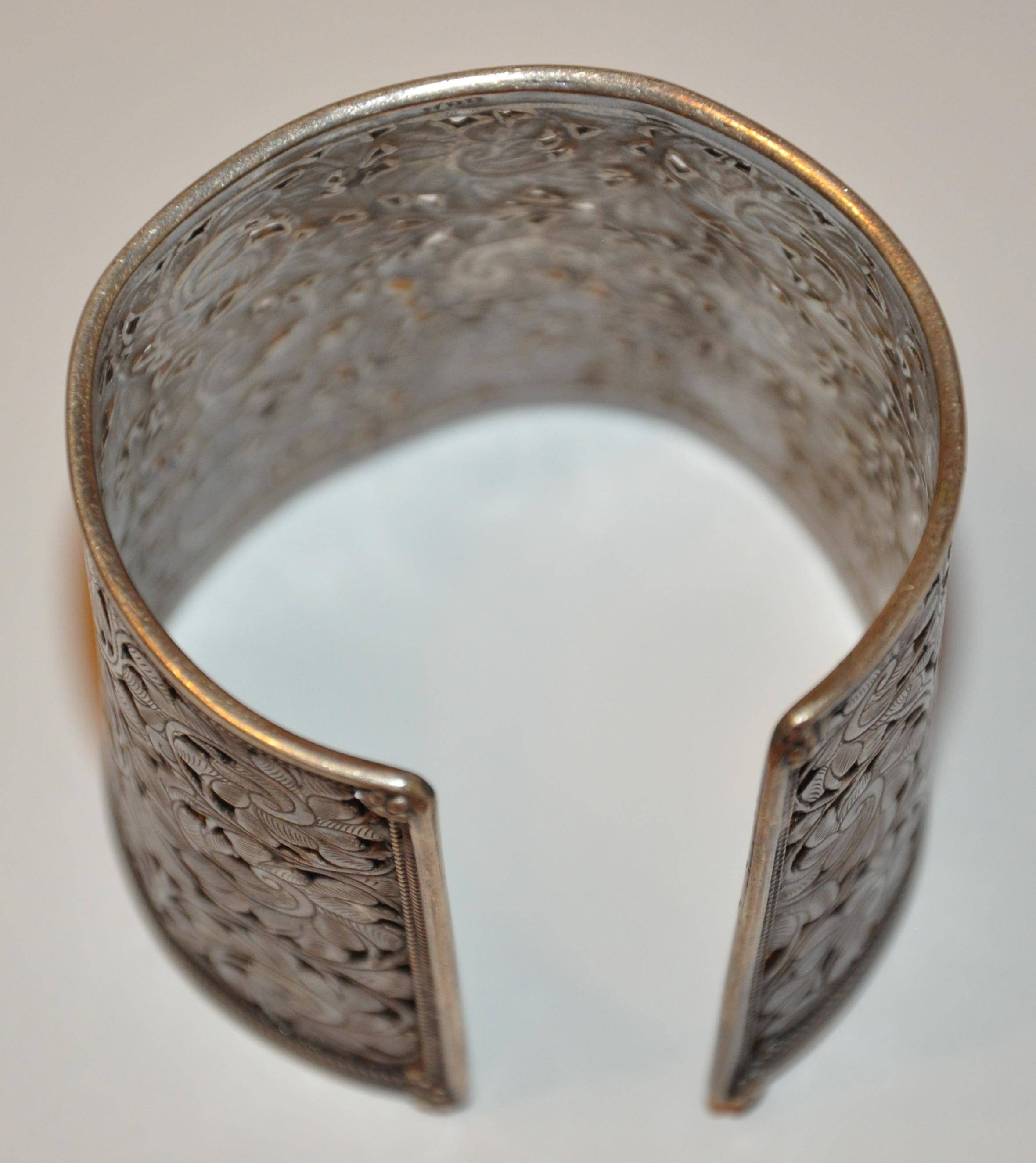 Women's or Men's Rare Detailed Silver Detailed Multi Floral Filigree Cuff For Sale
